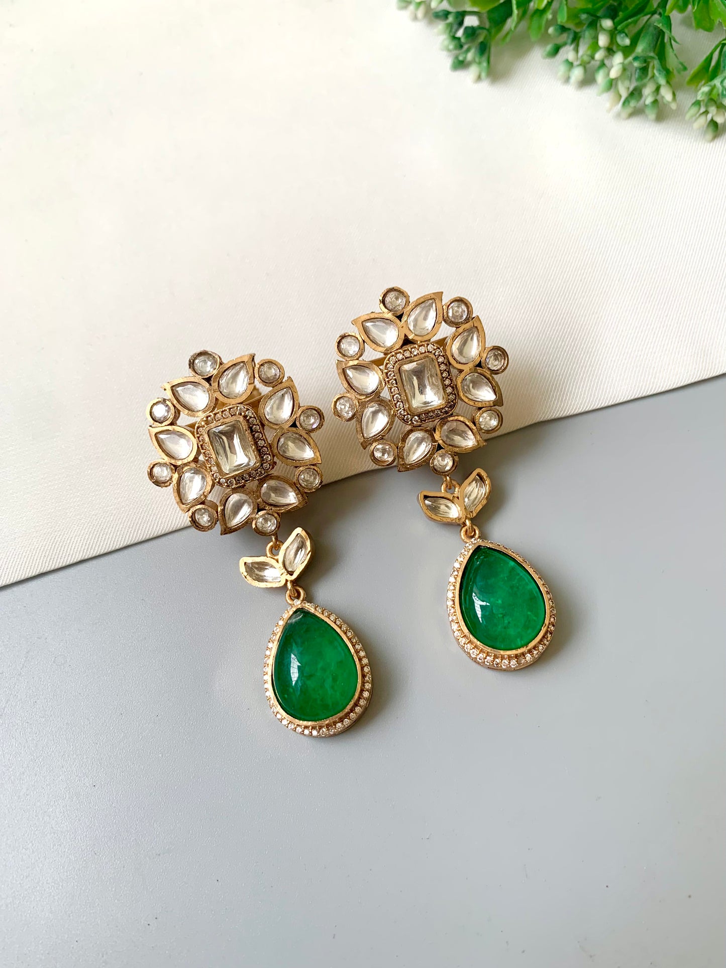 Aurelia Emerald Earrings in 22kt Victorian Gold Matte Finish with American Diamonds, Polki Kundan & Semi-Precious Emerald Doublet Stone by Zamal Jewels