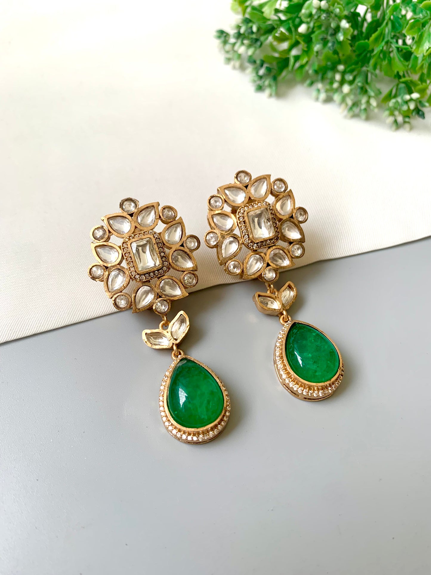 Aurelia Emerald Earrings in 22kt Victorian Gold Matte Finish with American Diamonds, Polki Kundan & Semi-Precious Emerald Doublet Stone by Zamal Jewels