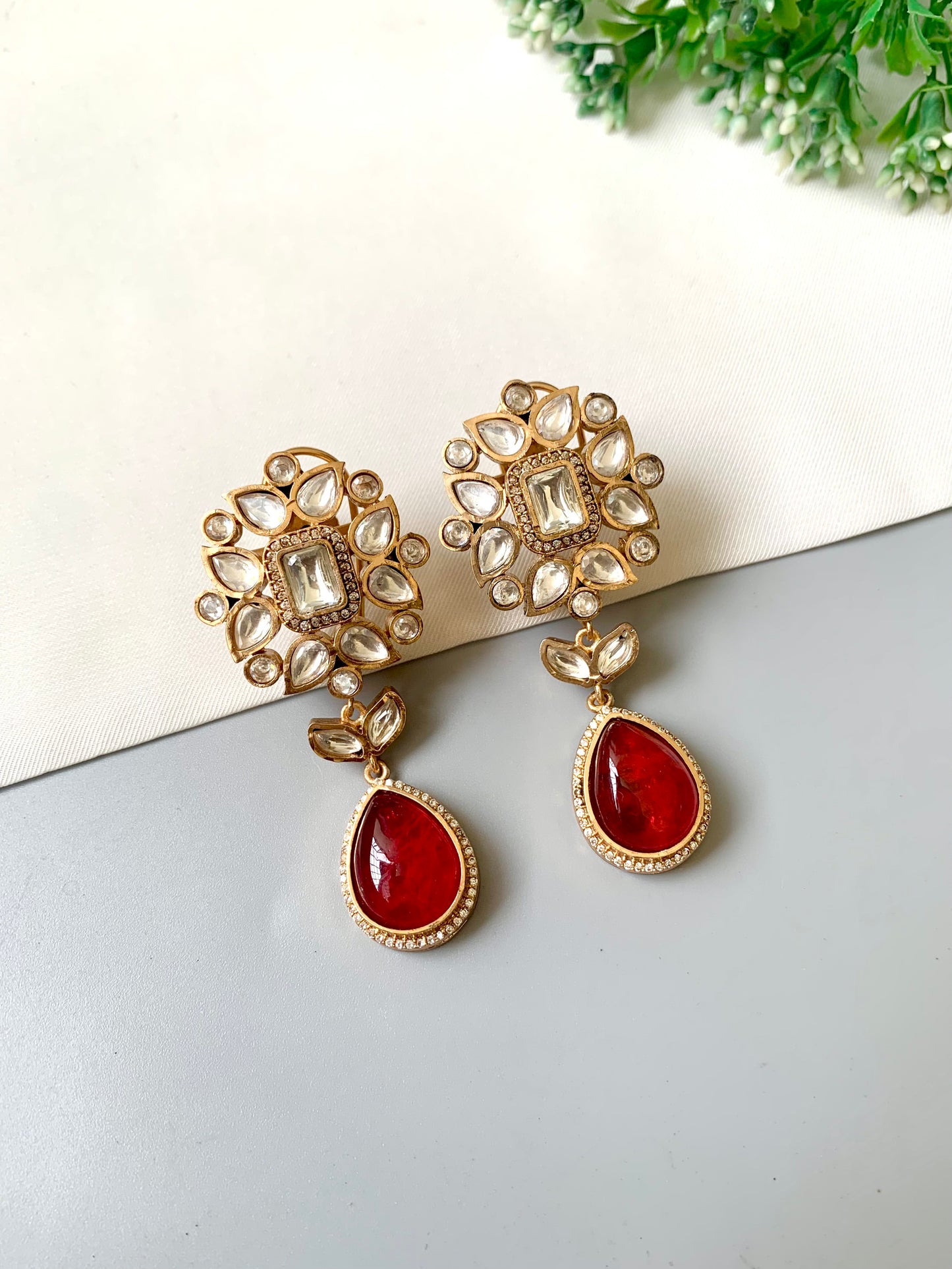 Aurelia Ruby Earrings in 22kt Victorian Gold Matte Finish with American Diamonds, Polki Kundan & Semi-Precious Ruby Doublet Stone by Zamal Jewels