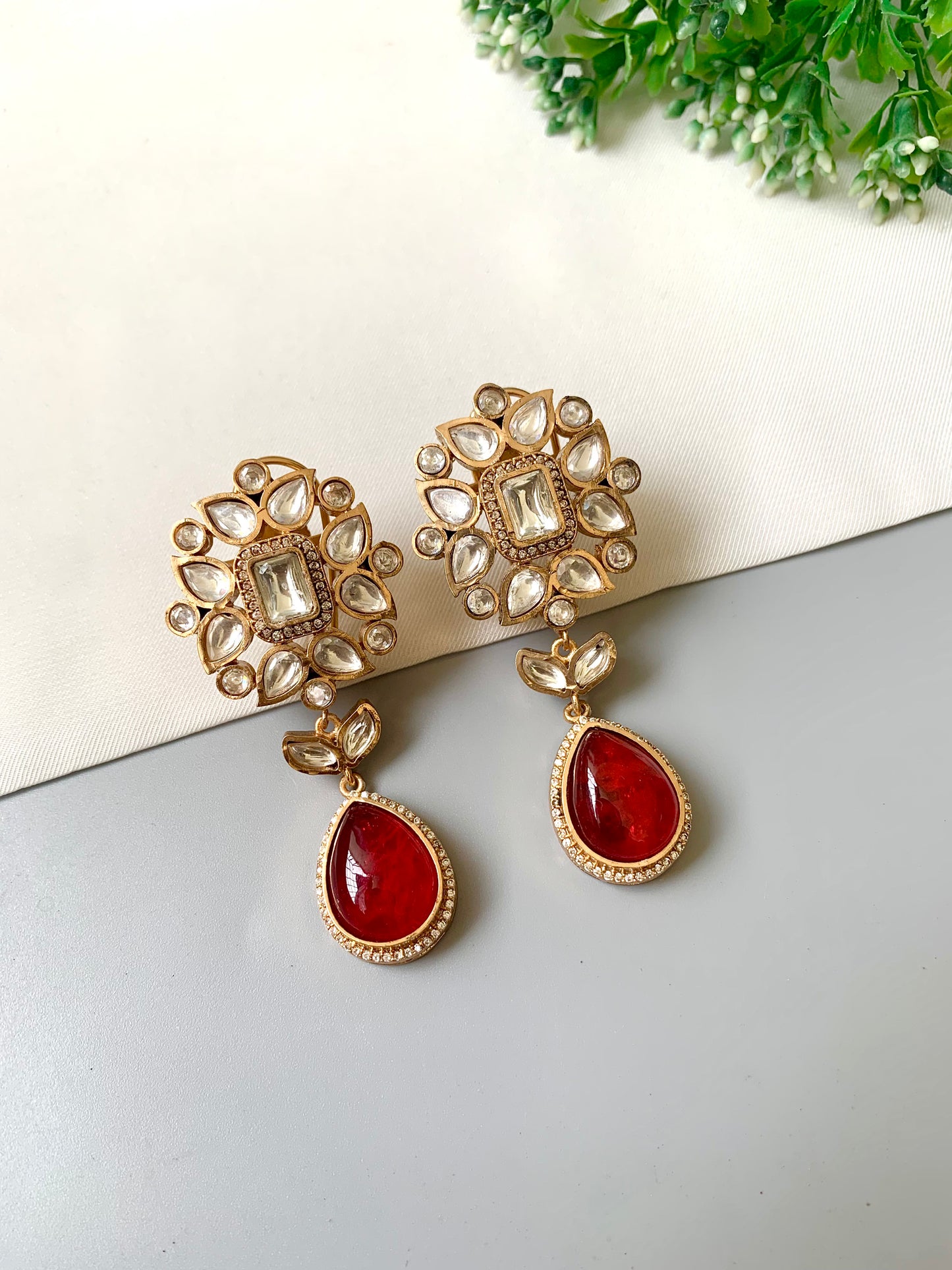 Aurelia Ruby Earrings in 22kt Victorian Gold Matte Finish with American Diamonds, Polki Kundan & Semi-Precious Ruby Doublet Stone by Zamal Jewels