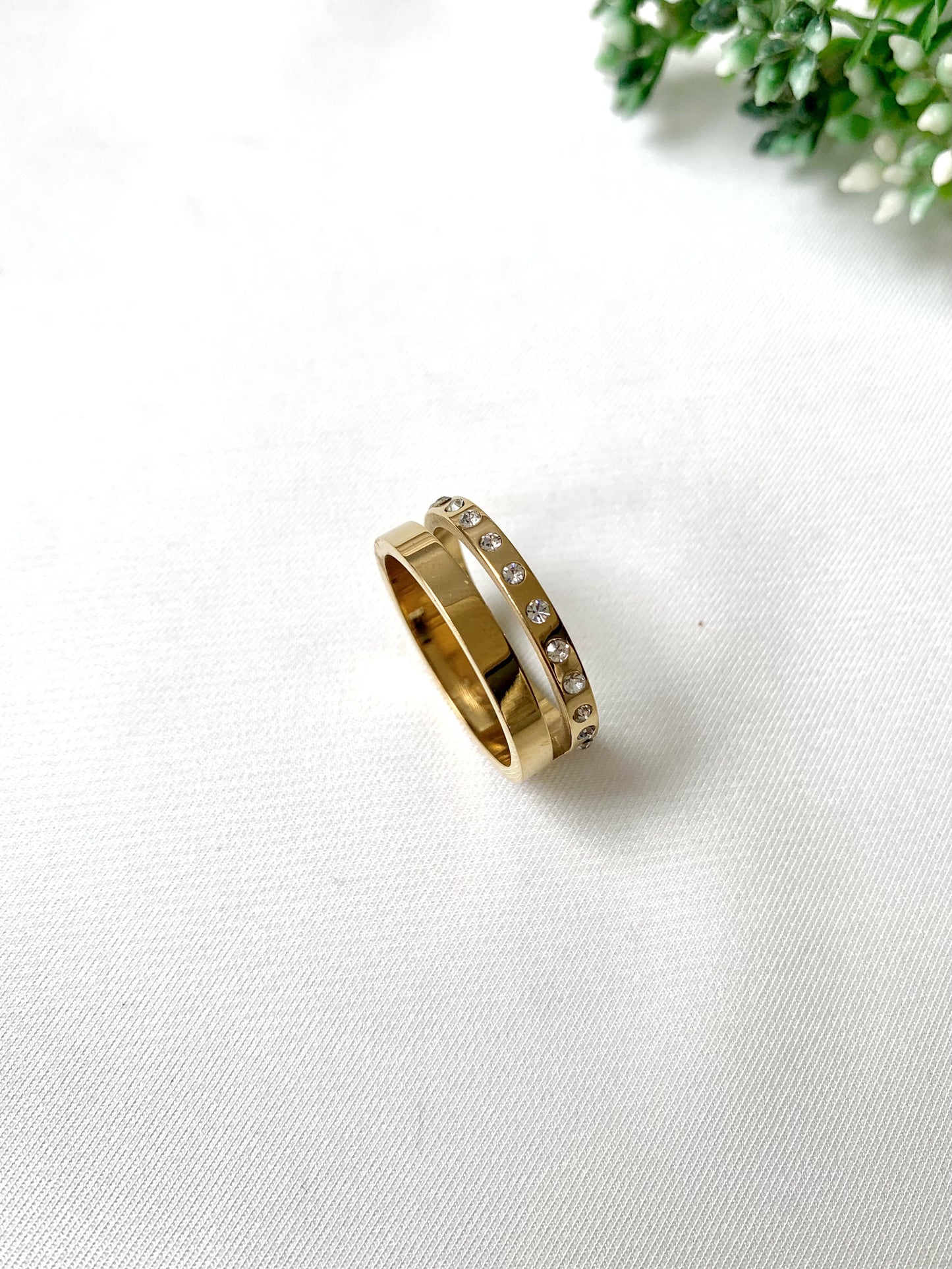Aureo gold crystal band ring with dual-layer design, 22K gold plated on 316L stainless steel by Zamal Jewels.