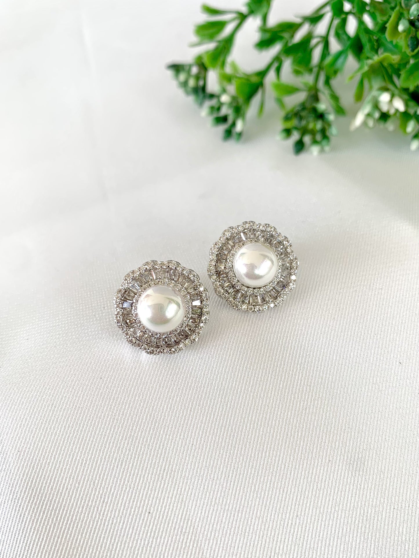 Rhodium Plated Pearl Stud Earrings with American Diamonds – Zamal Jewels