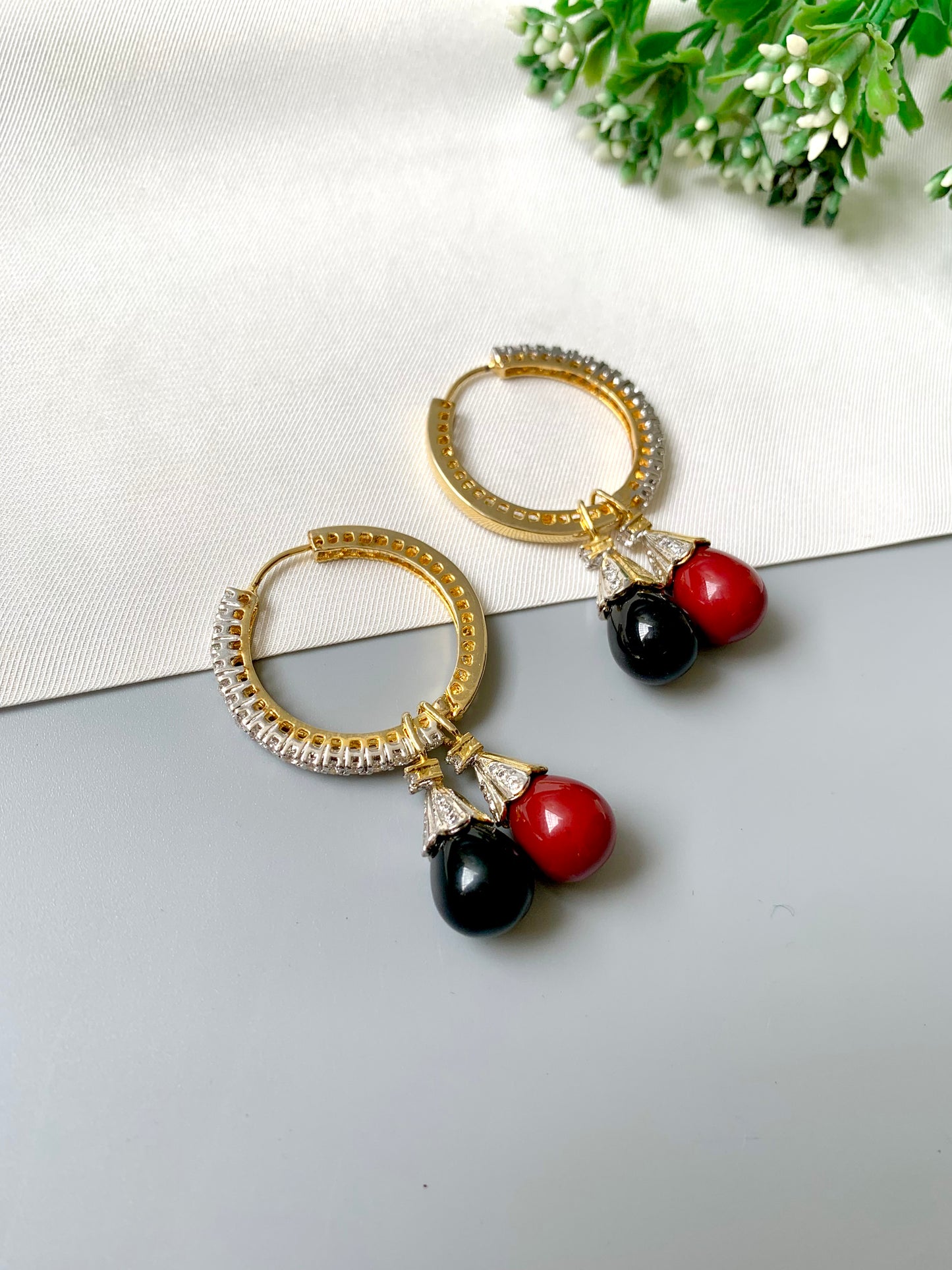Calisse Changeable Earrings with 22kt Gold Plating, Coral & Onyx Droplets and American Diamonds by Zamal Jewels