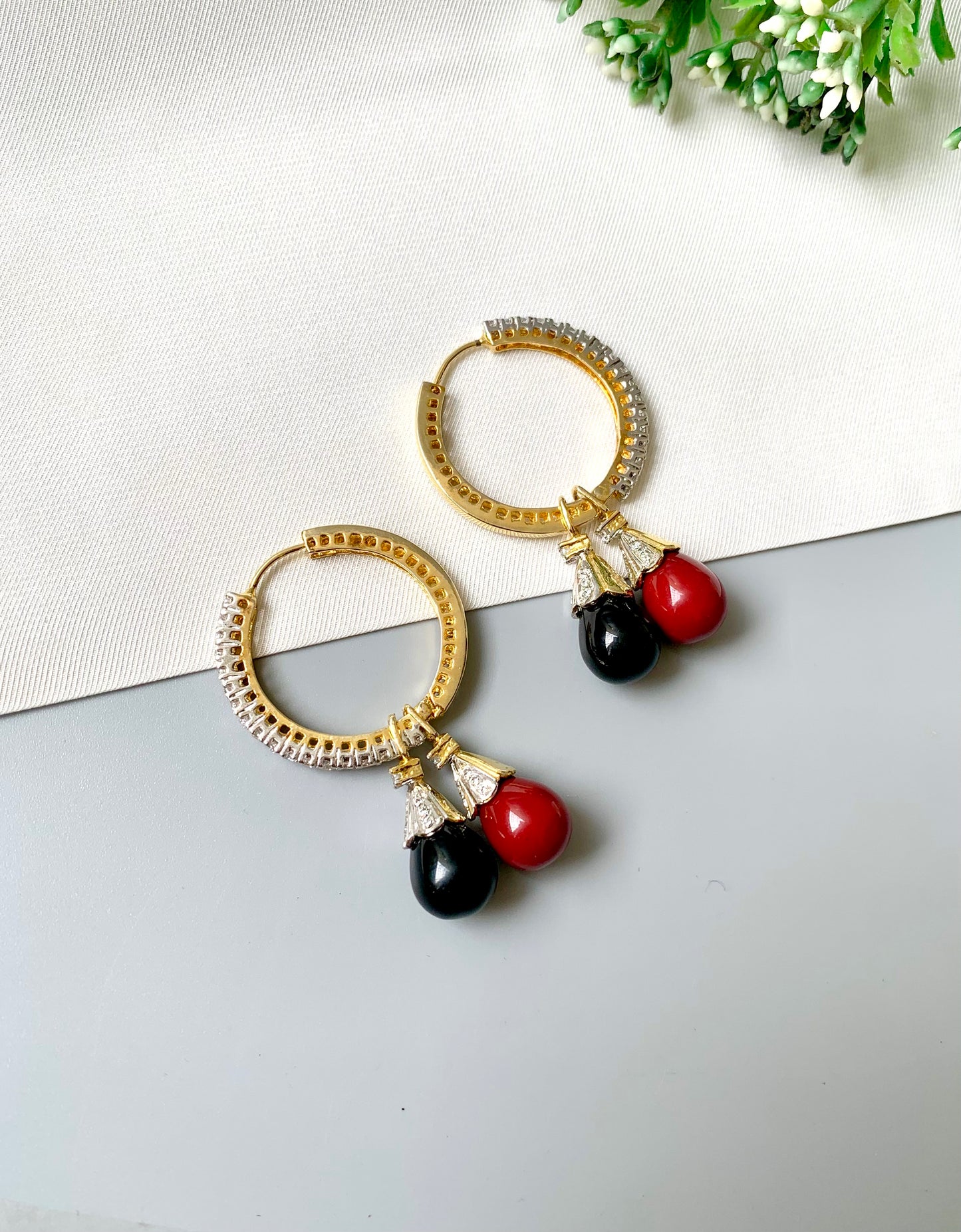 Calisse Changeable Earrings with 22kt Gold Plating, Coral & Onyx Droplets and American Diamonds by Zamal Jewels