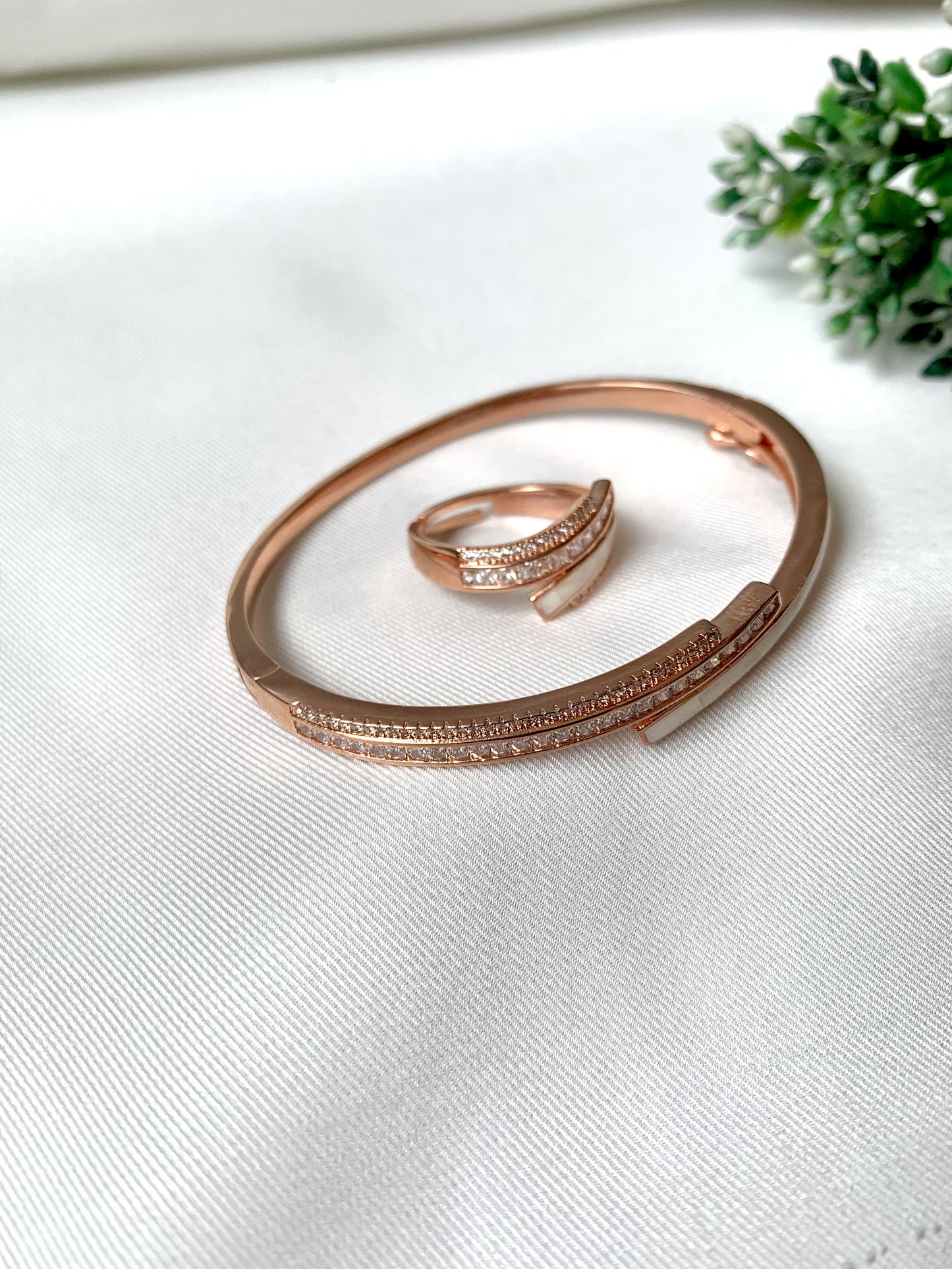 Rose gold handcrafted bangle and adjustable ring combo with American Diamonds and real Mother of Pearls by Zamal Jewels