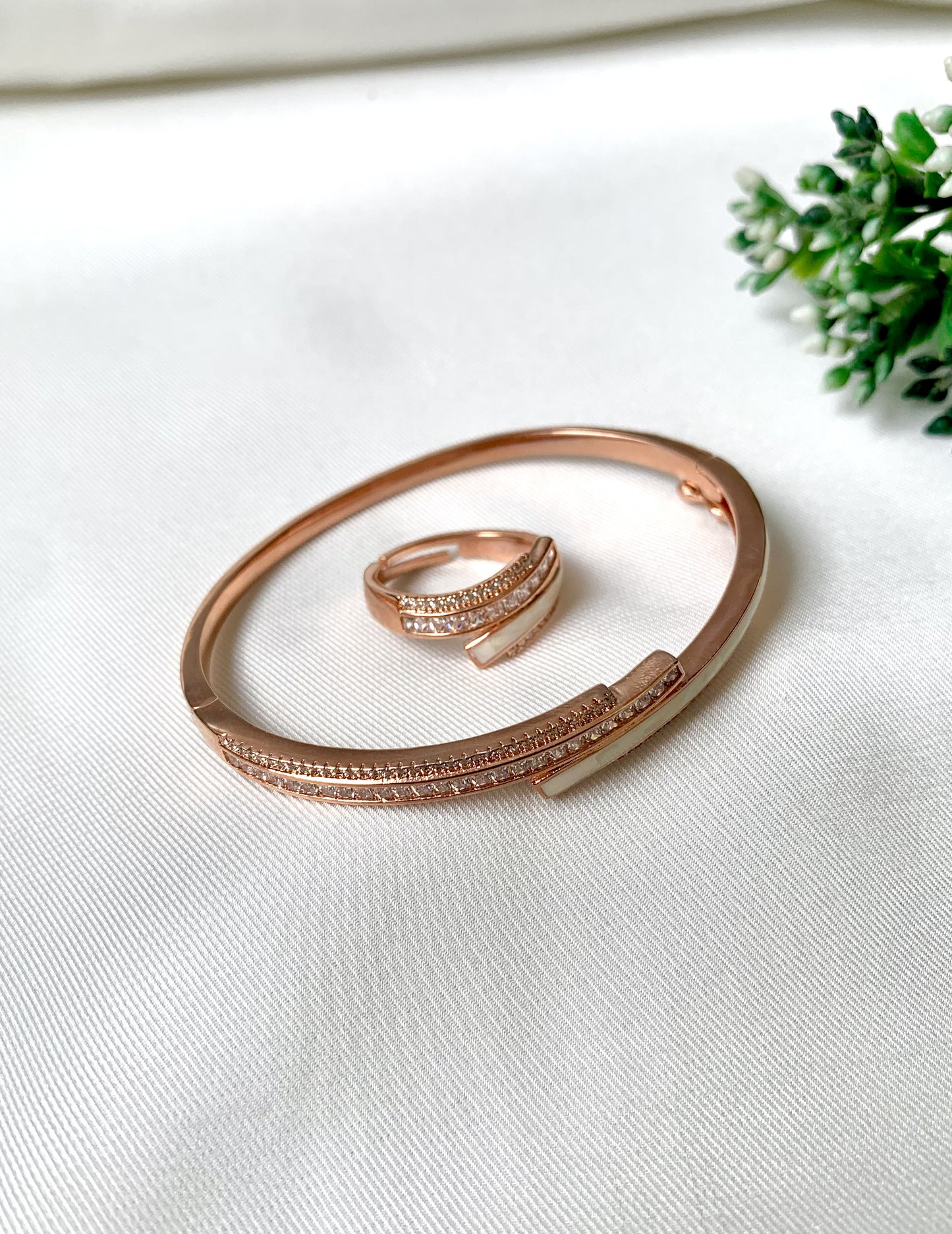 Rose gold handcrafted bangle and adjustable ring combo with American Diamonds and real Mother of Pearls by Zamal Jewels
