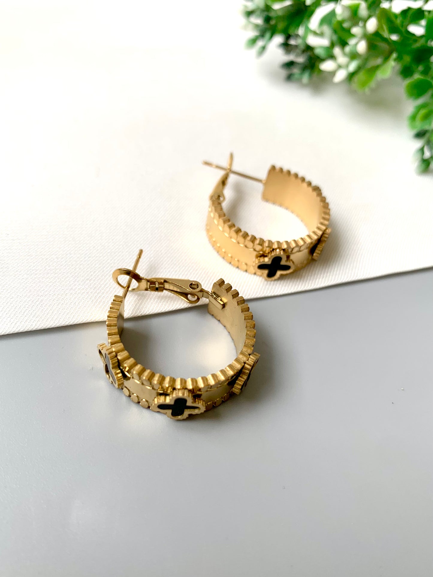 Gold-plated stainless steel daily wear hoops with black enamel tile detailing – Zamal Jewels FORMA Collection