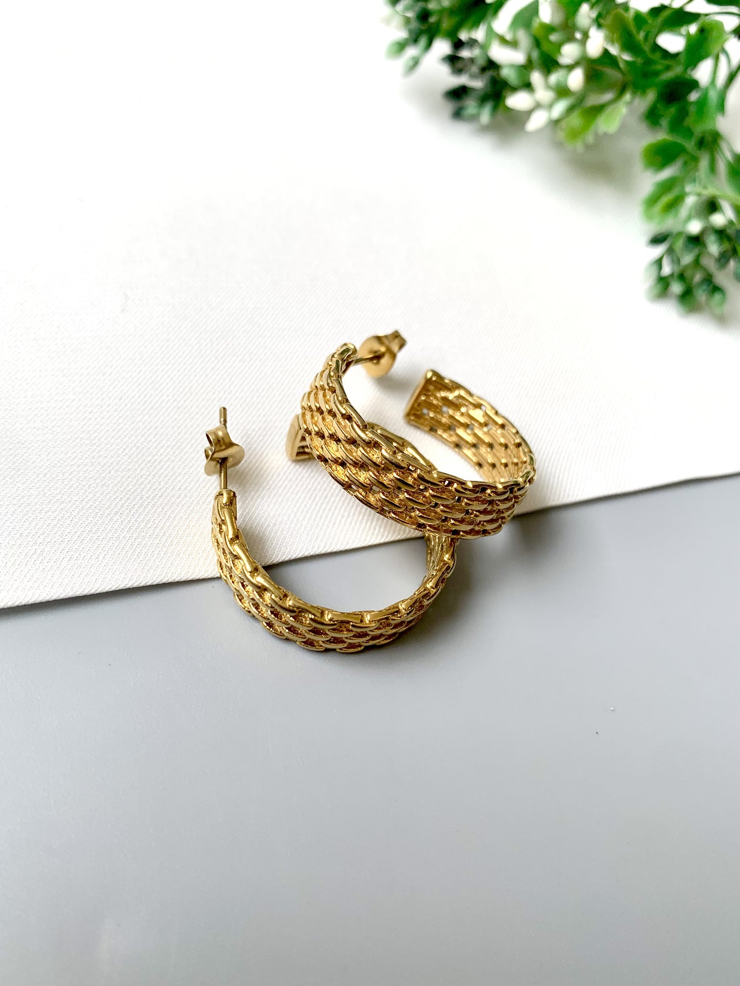 Gold plated stainless steel Linka Hoops with textured chain design from FORMA by Zamal Jewels