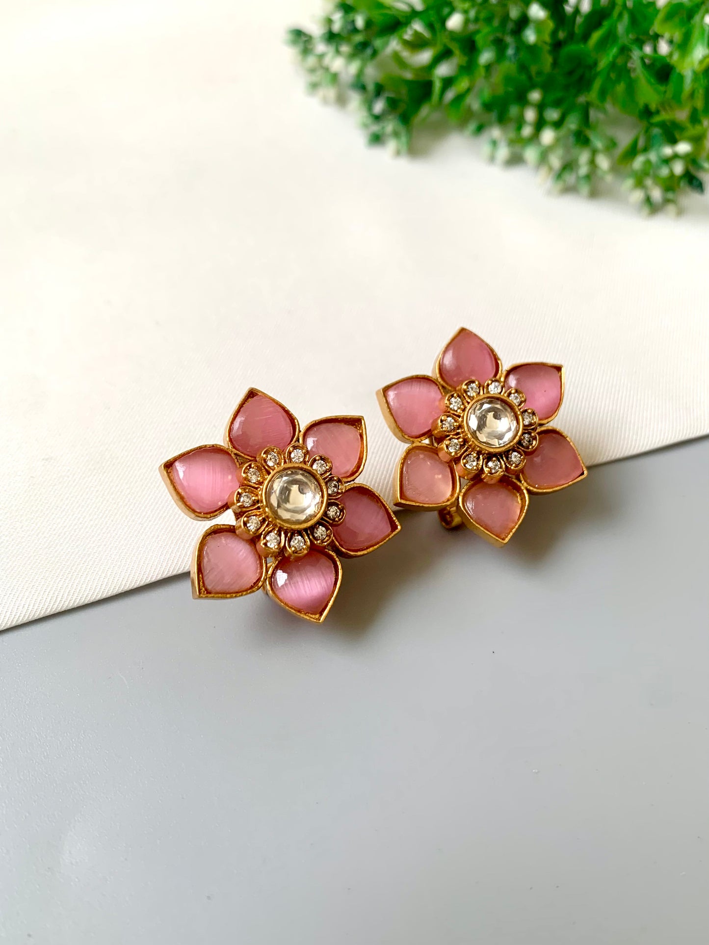 Jesira Pink Studs in 22kt Victorian Gold Plating with American Diamonds, Polki Kundan & Semi-Precious Pink by Zamal Jewels