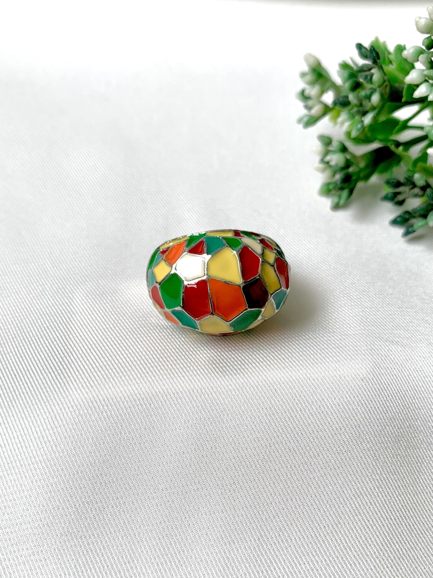Handcrafted ring with multicolor hand-painted Meena work and rhodium platinum polish by Zamal Jewels