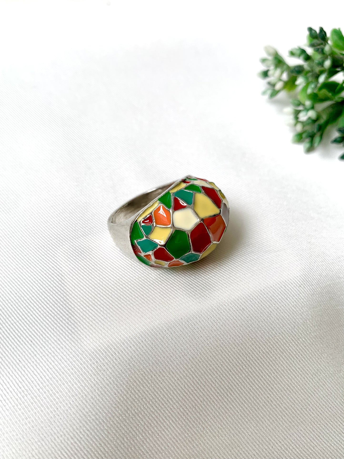Handcrafted ring with multicolor hand-painted Meena work and rhodium platinum polish by Zamal Jewels