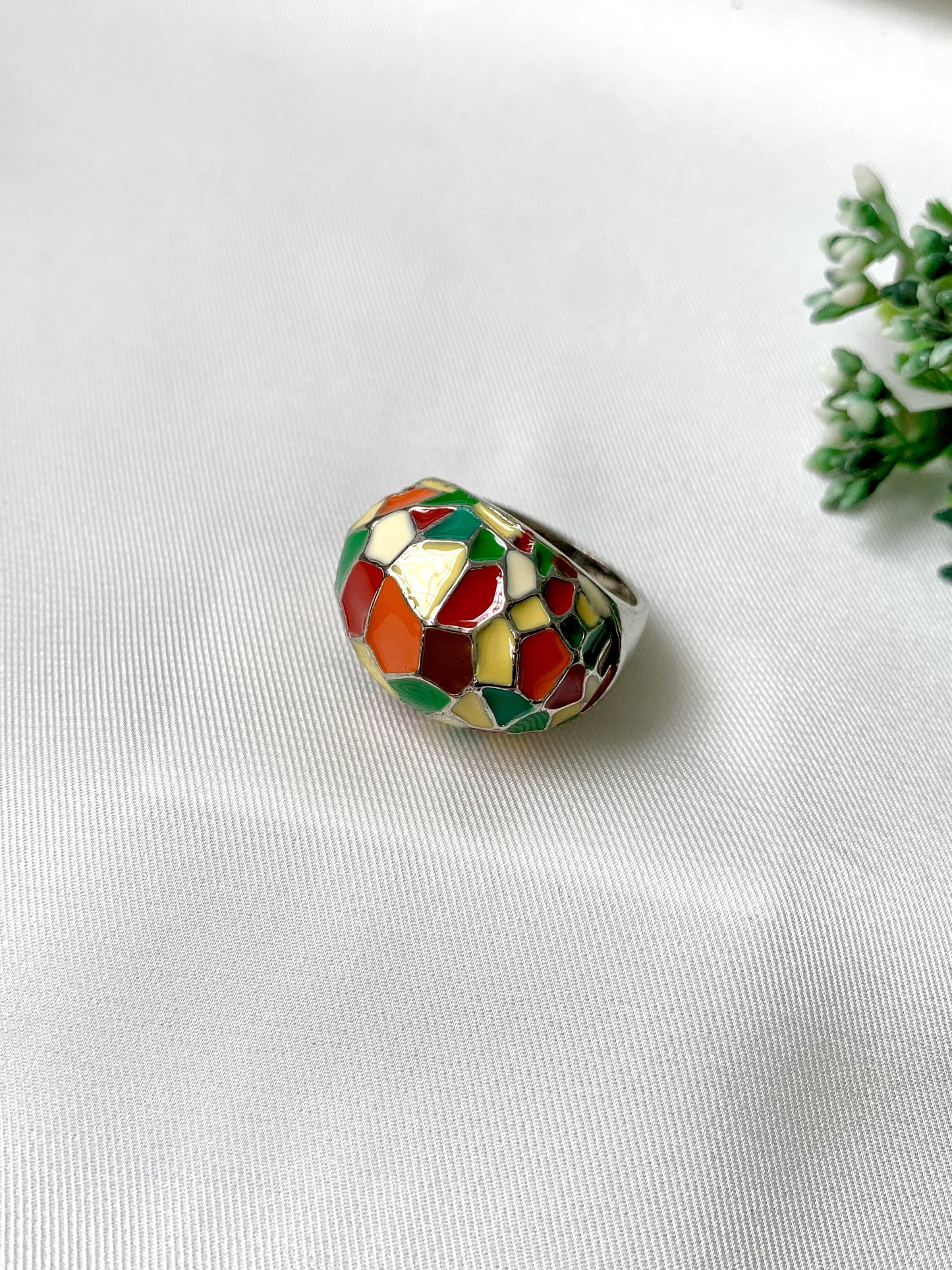 Handcrafted ring with multicolor hand-painted Meena work and rhodium platinum polish by Zamal Jewels