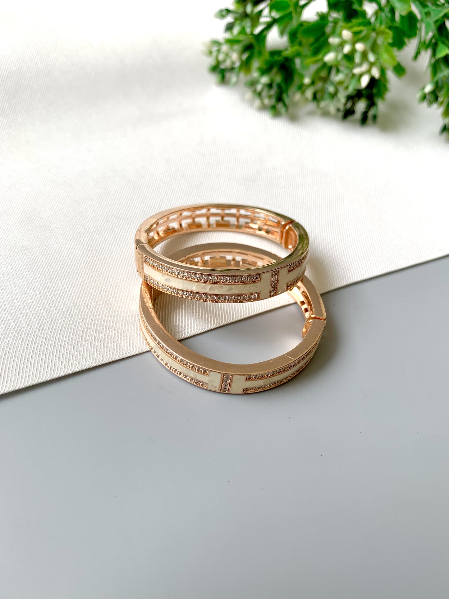 Liora Rose Gold Hoops by Zamal Jewels featuring Mother of Pearl inlay and American Diamonds in 22kt plating