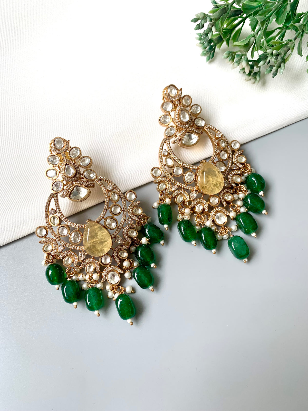 Maharani Noor Citrine Emerald handcrafted 22kt Gold plated earrings with Emerald, Citrine and Pearl beads