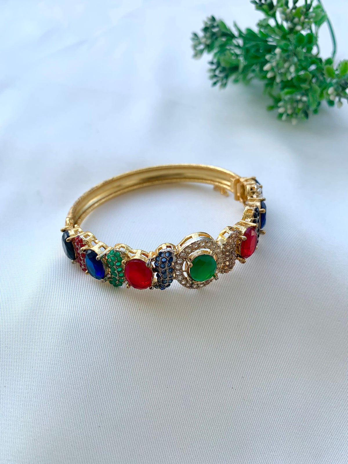 Maheen handcrafted gold plated openable bracelet with American Diamonds and semi-precious gemstones
