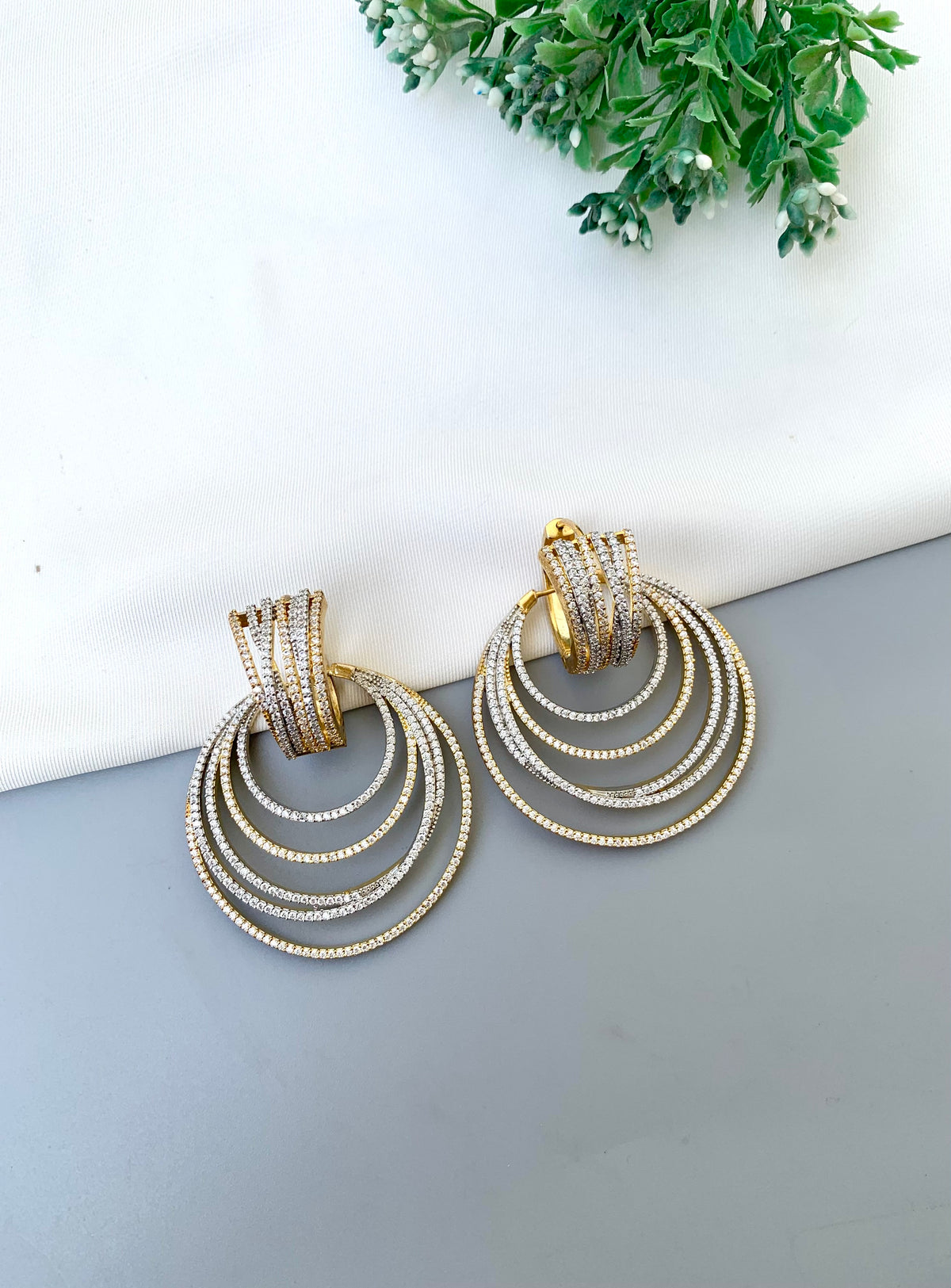 Naveen handcrafted 2-in-1 22kt Gold and Rhodium earrings with American Diamonds and detachable round hoop