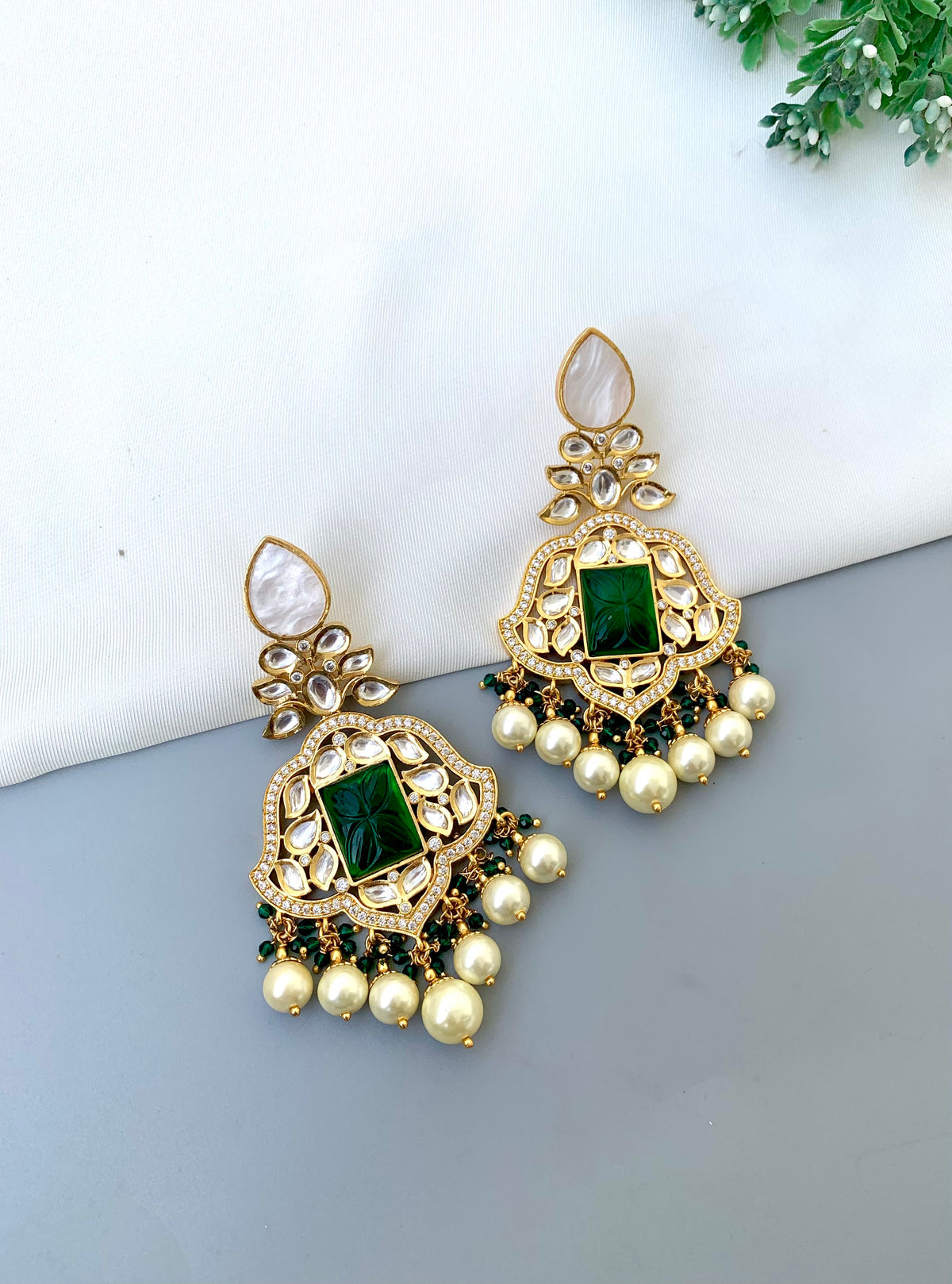 Nena handcrafted 22kt Gold plated earrings with Mother of Pearl, Polki Kundan, hand-carved Emerald and Pearls