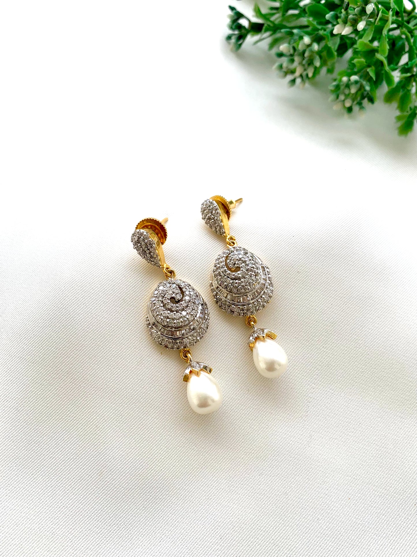 Nikki handcrafted 22kt gold plated earrings featuring American Diamonds and semi-precious Pearls