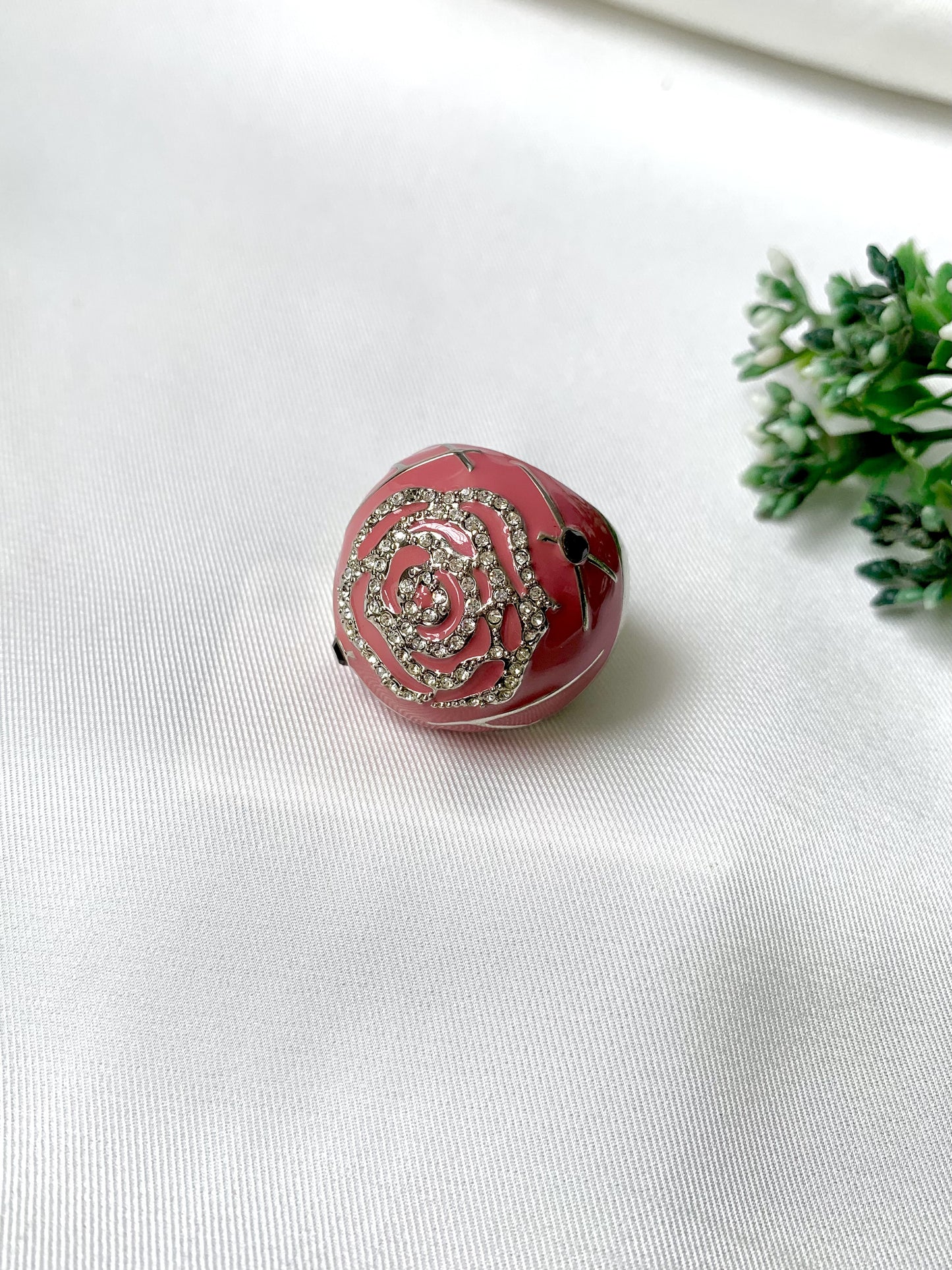 Hand-painted pink Meena ring with rose design in American Diamonds and platinum rhodium polish by Zamal Jewels