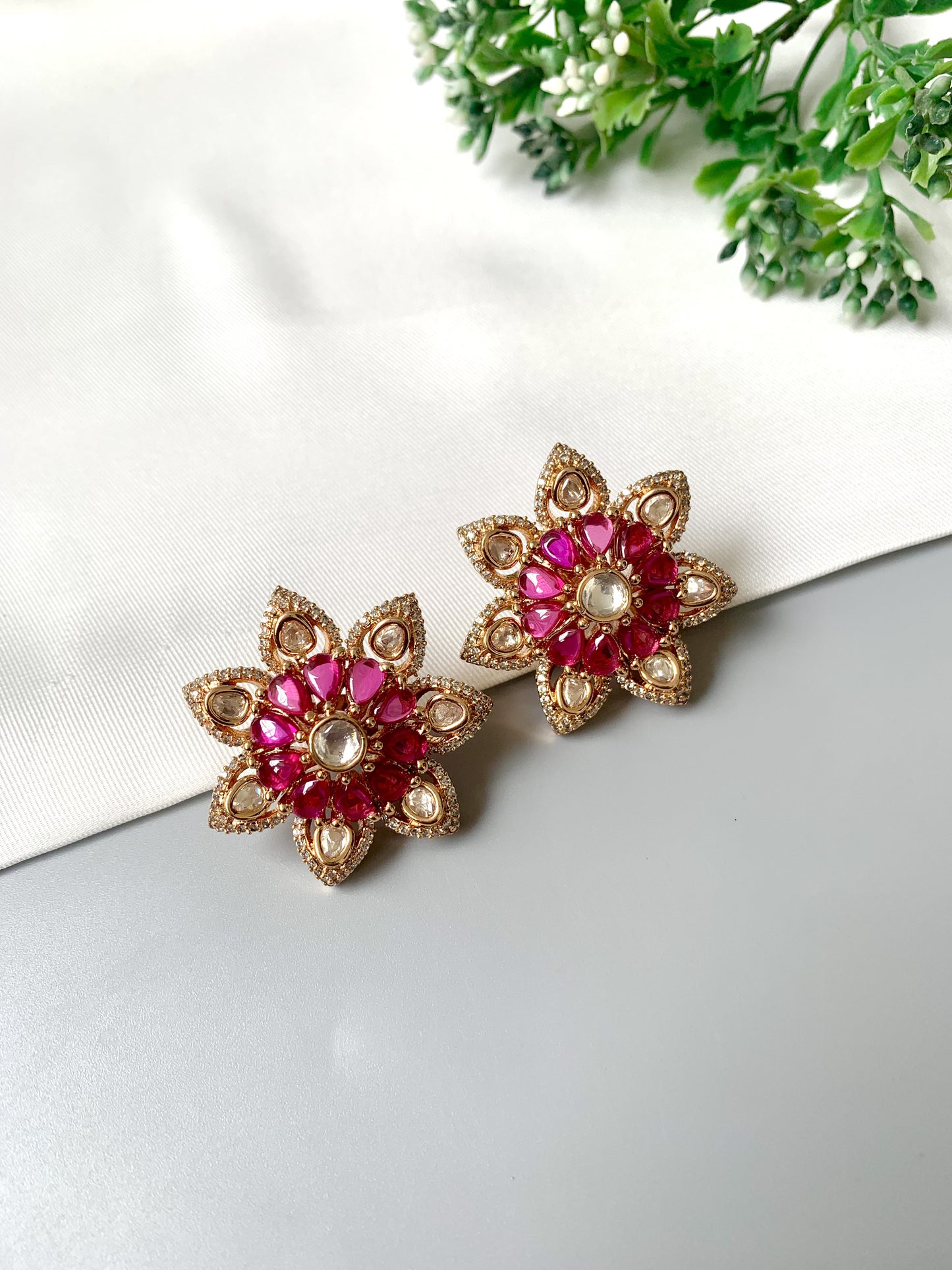 Detachable handcrafted ruby floral studs with Victorian rose gold plating, Polki Kundan, and American Diamonds by Zamal Jewels