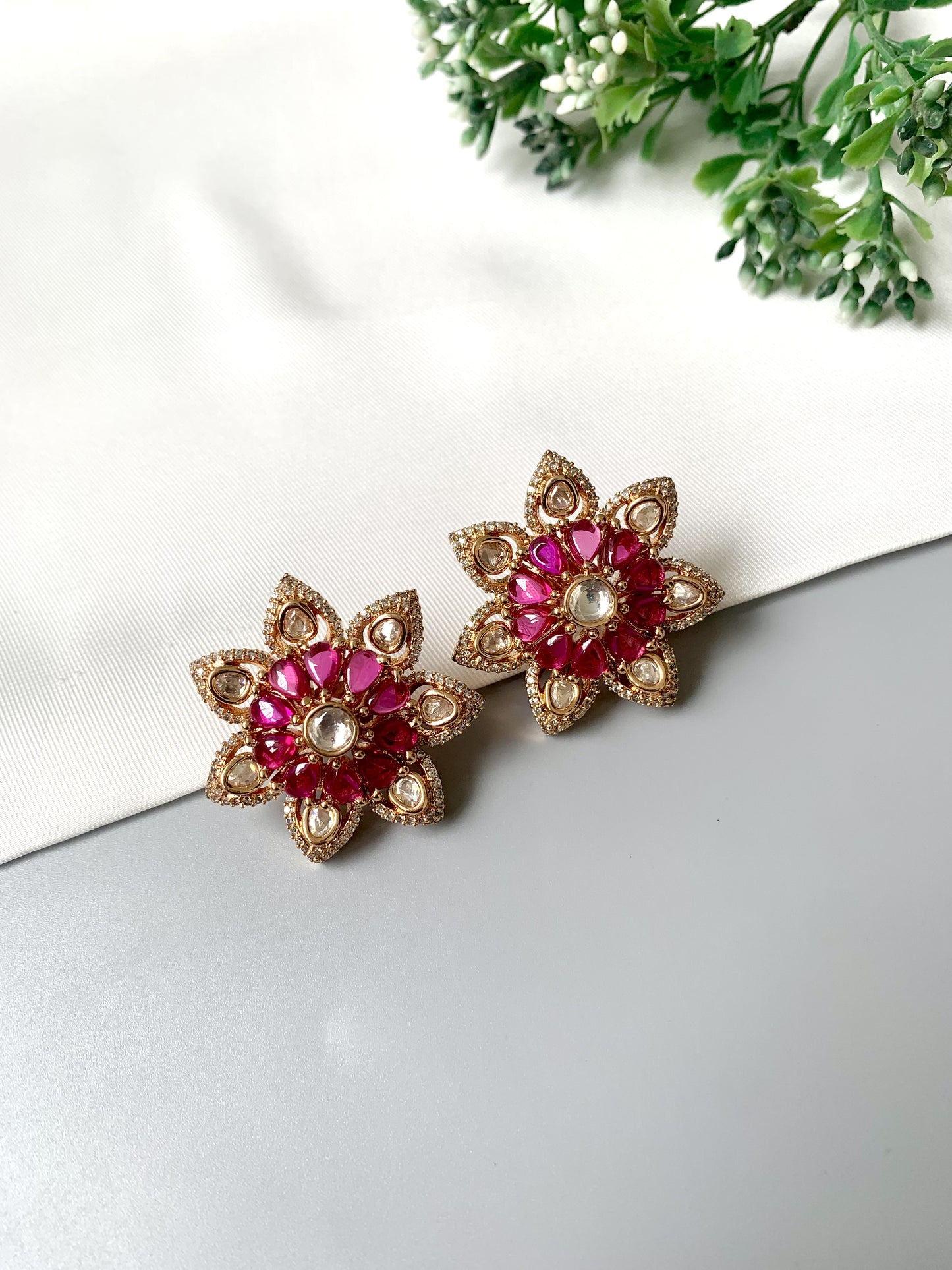 Detachable handcrafted ruby floral studs with Victorian rose gold plating, Polki Kundan, and American Diamonds by Zamal Jewels
