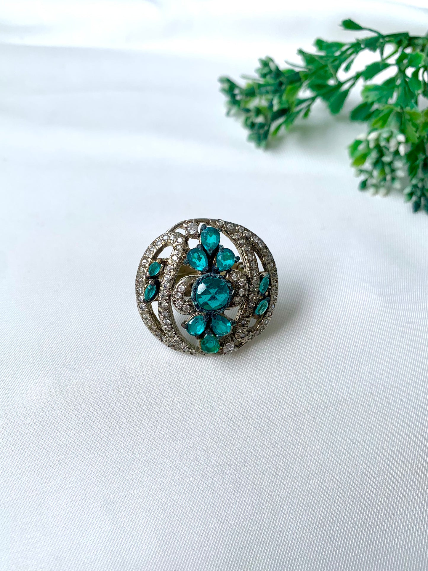 Handcrafted rhodium-plated Victorian ring with natural gemstones and American Diamonds from Zamal Jewels