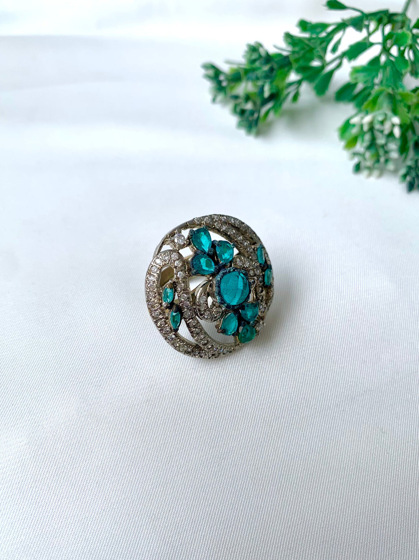 Handcrafted rhodium-plated Victorian ring with natural gemstones and American Diamonds from Zamal Jewels