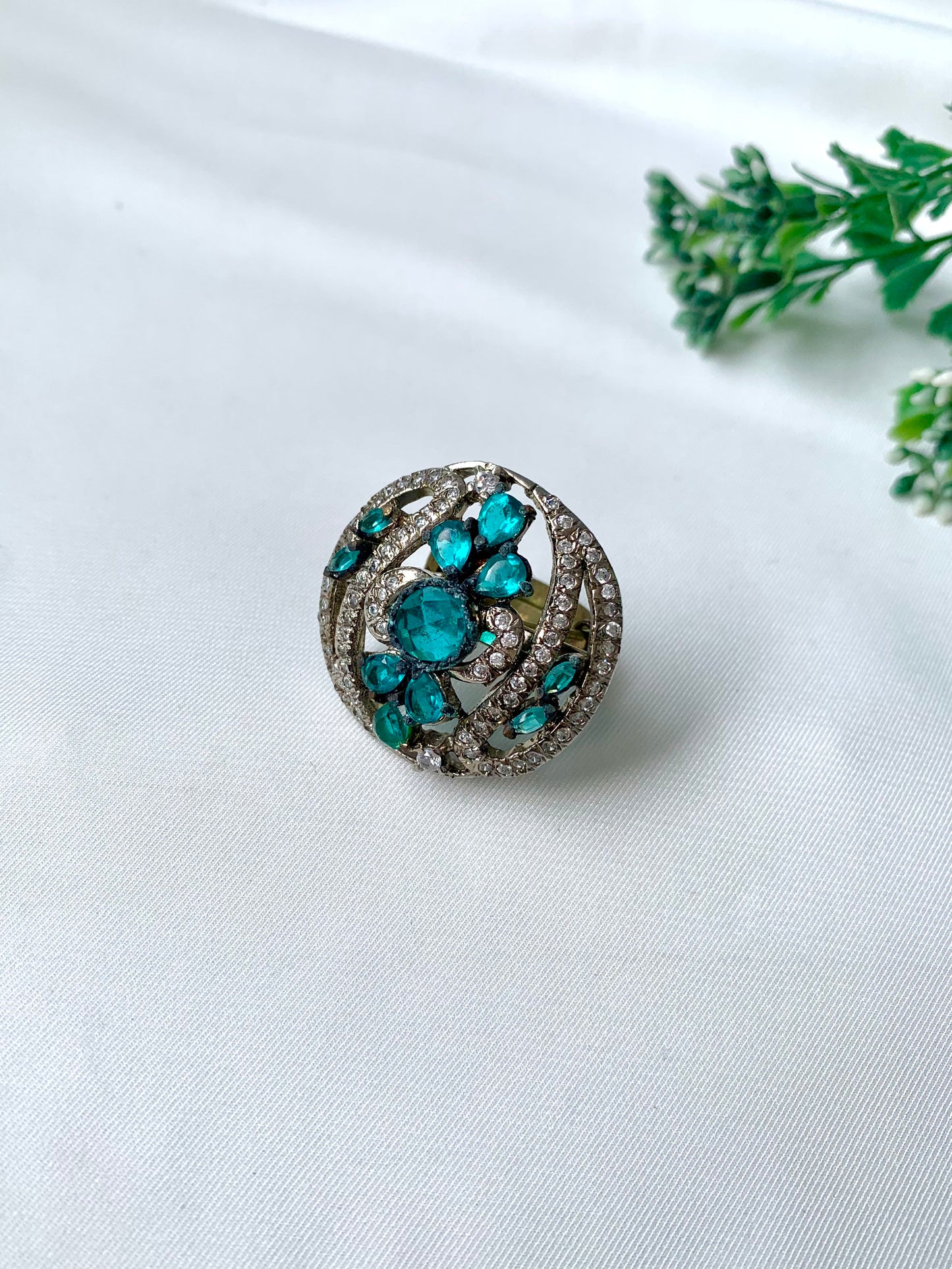 Handcrafted rhodium-plated Victorian ring with natural gemstones and American Diamonds from Zamal Jewels