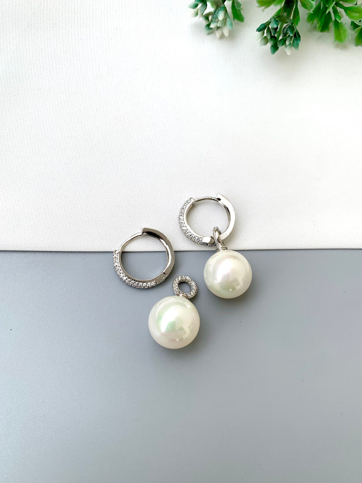 Signe handcrafted 2-in-1 earrings with American Diamonds and semi-precious Pearls in 22kt Gold and Rhodium plating