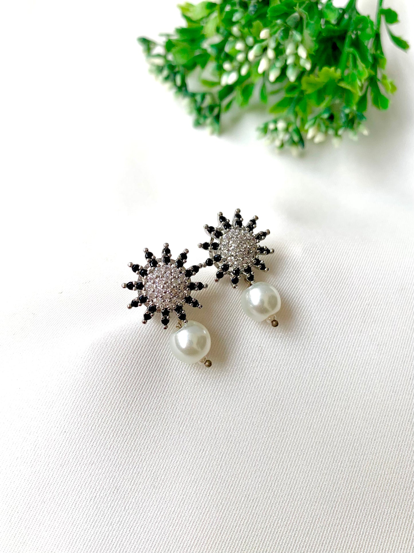 Solara sunburst crystal studs with pearl drop, 22K gold plated on 316L stainless steel by Zamal Jewels.