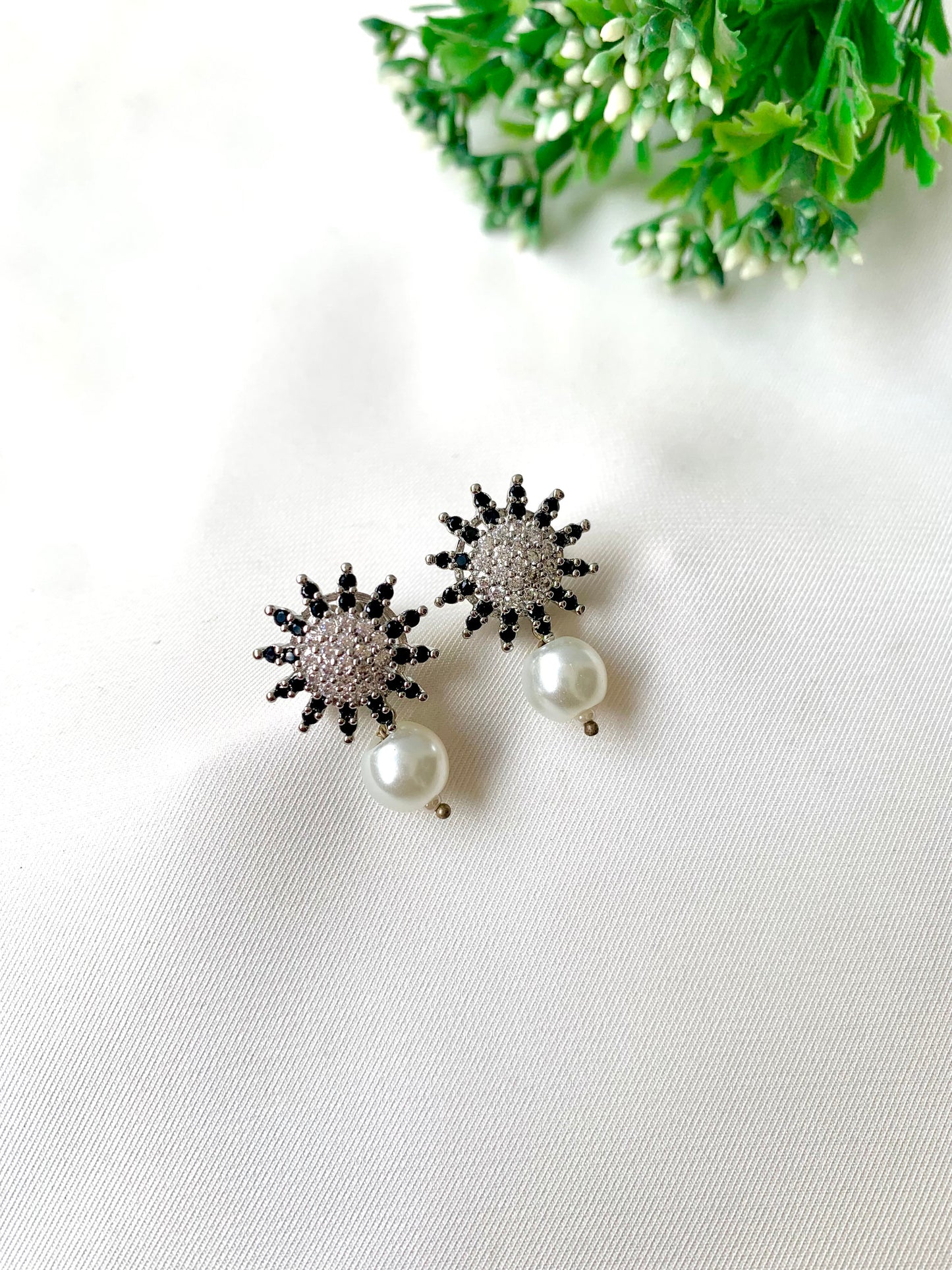Solara sunburst crystal studs with pearl drop, 22K gold plated on 316L stainless steel by Zamal Jewels.
