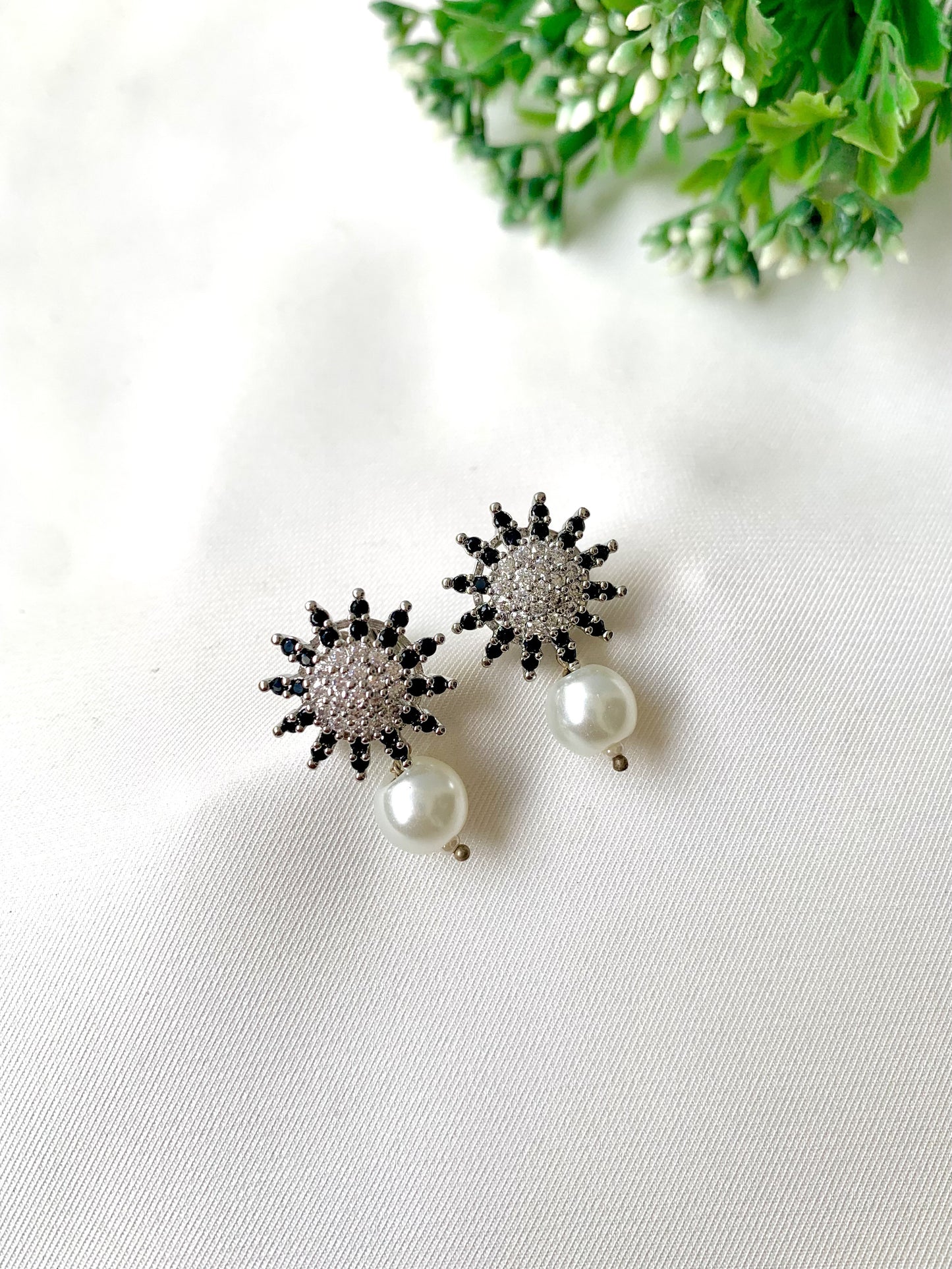 Solara sunburst crystal studs with pearl drop, 22K gold plated on 316L stainless steel by Zamal Jewels.