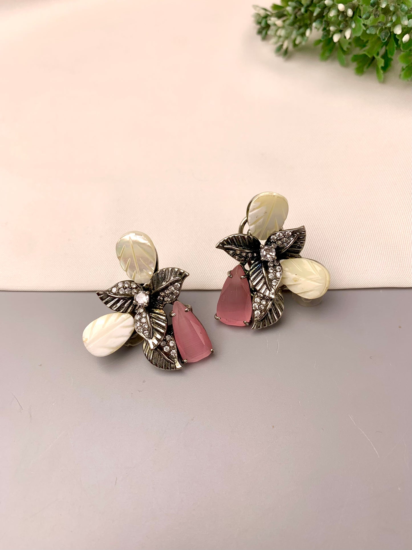 Taliya handcrafted rhodium plated oxidized studs with American Diamonds, real Mother of Pearl, and semi-precious Citrine or Onyx