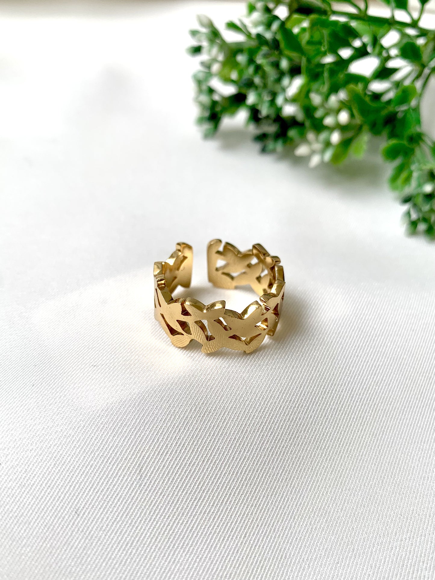 Vetra adjustable gold ring with geometric cut-out design, 22K gold plated on 316L stainless steel by Zamal Jewels.