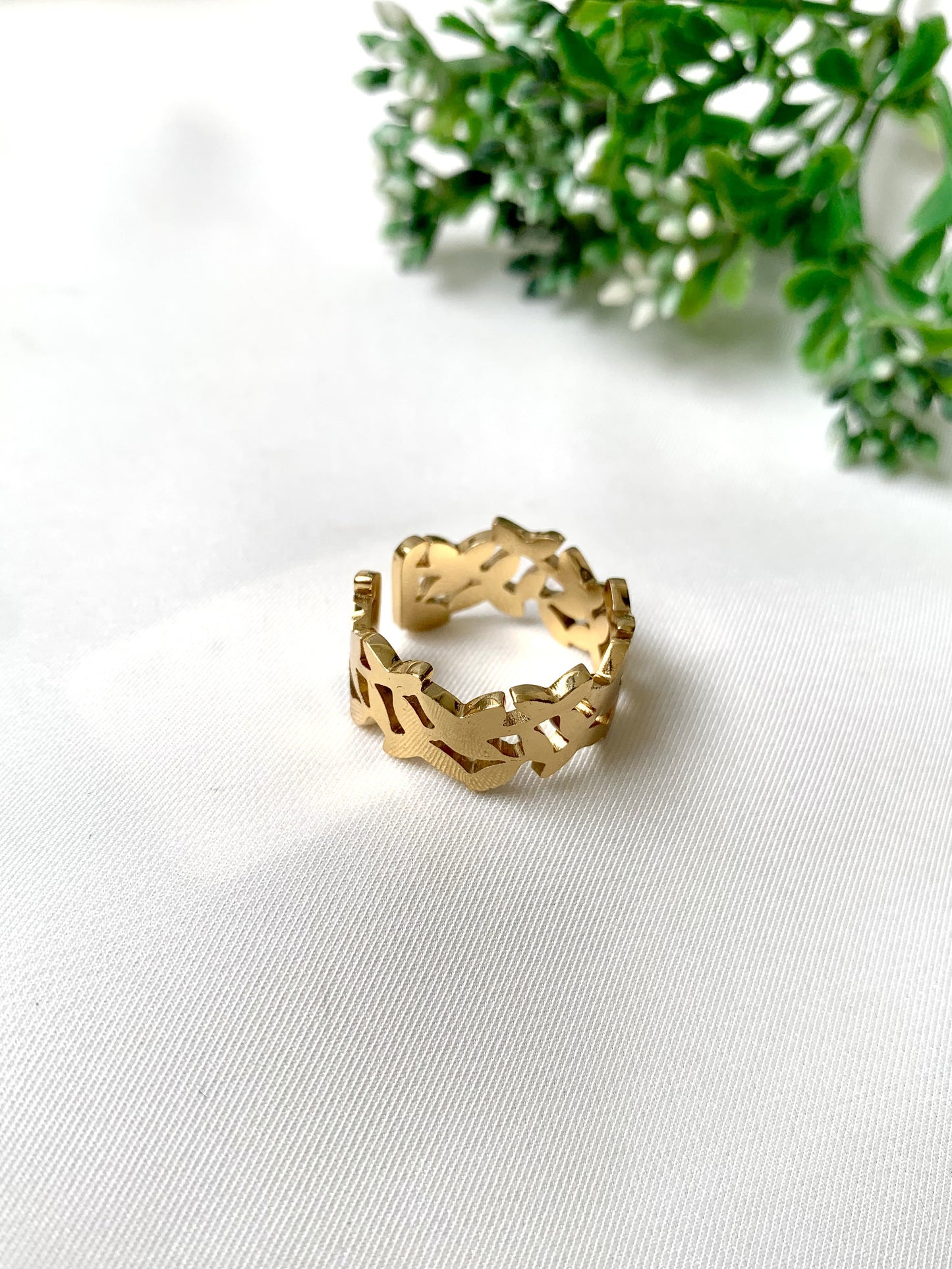 Vetra adjustable gold ring with geometric cut-out design, 22K gold plated on 316L stainless steel by Zamal Jewels.