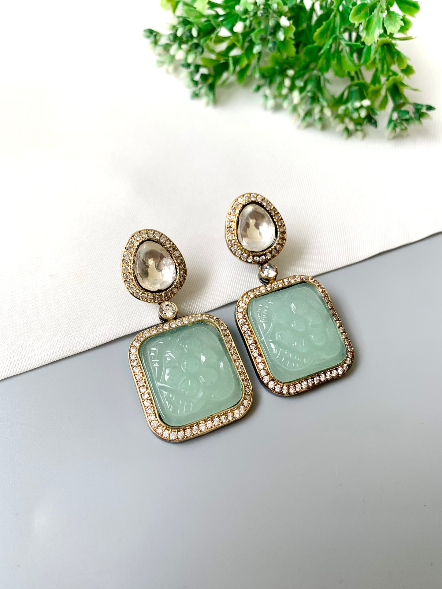 Mint carved onyx square drops with teardrop kundan top, micro-pavé American Diamonds — Zamal Jewels Pakistan