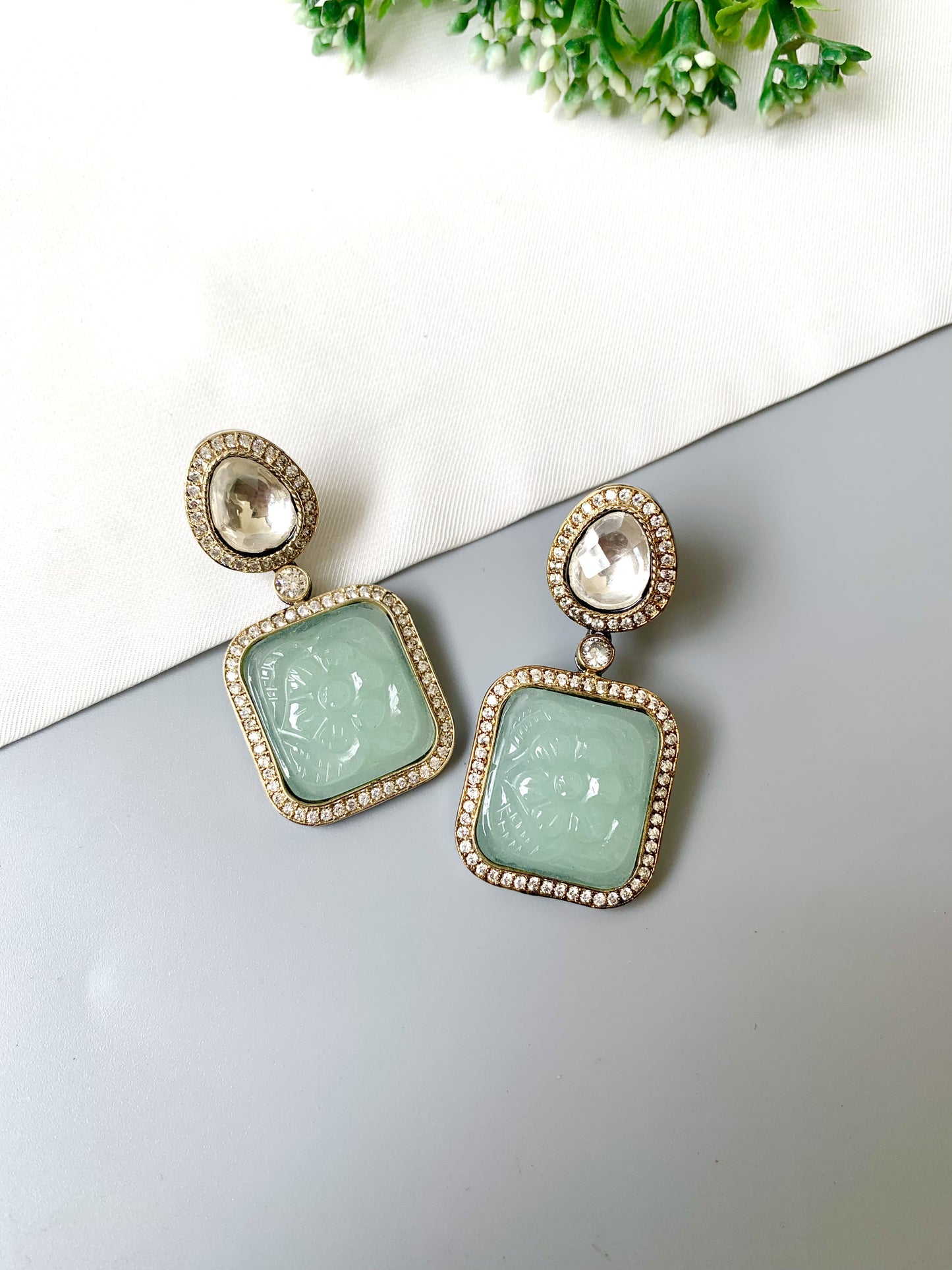 Side view of Mahnoor Mint Onyx Drops showing oxidized gold frame and rhodium accents — Zamal Jewels