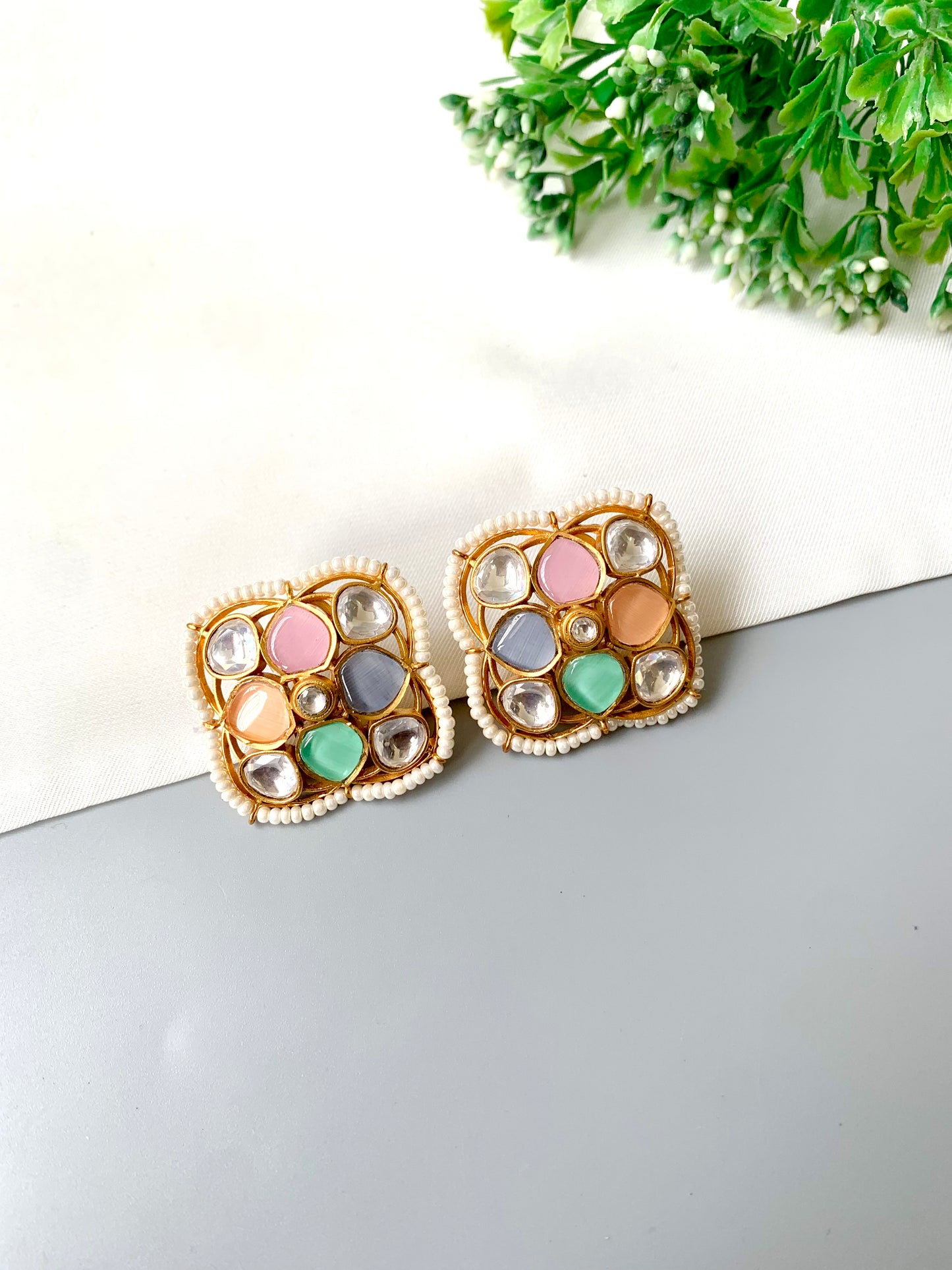 Statement cushion stud earrings with Polki, mother of pearl, pastel onyx and pearl edging, 22k gold finish — Zamal Jewels