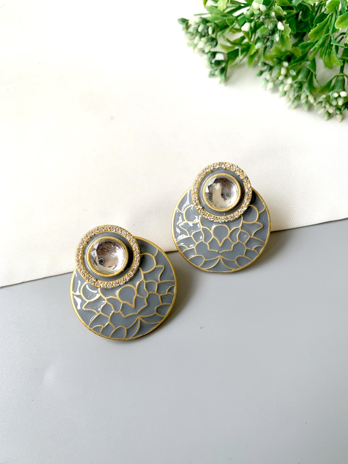 Aurevia Earrings by Zamal Jewels – handcrafted 22kt gold plated earrings with American Diamonds, Polki Kundan, and hand-painted Meena