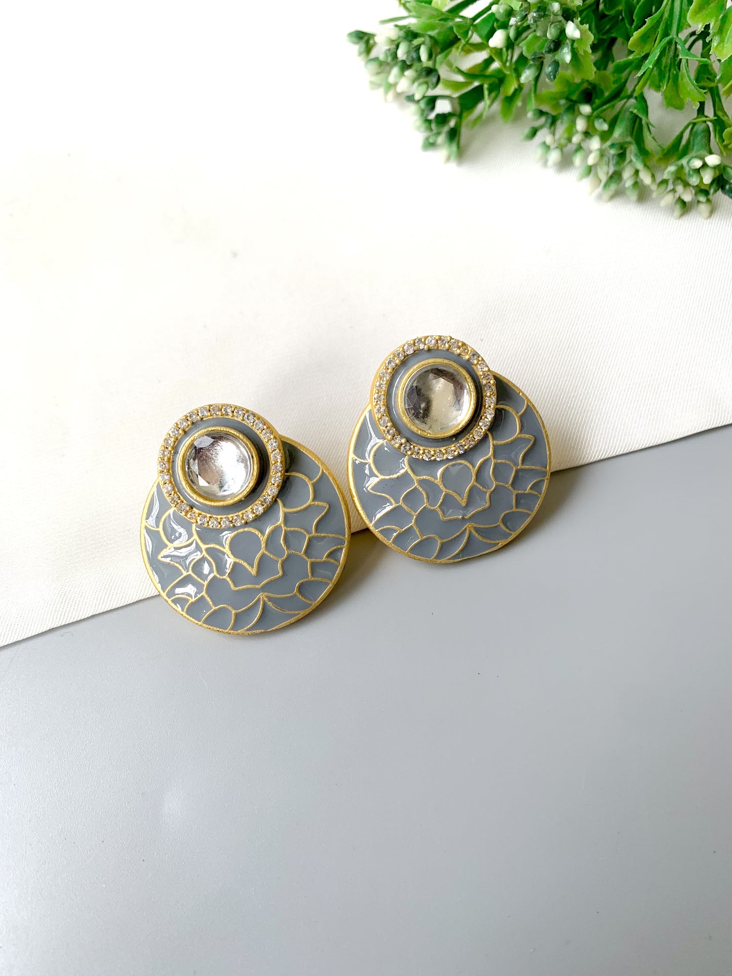 Aurevia Earrings by Zamal Jewels – handcrafted 22kt gold plated earrings with American Diamonds, Polki Kundan, and hand-painted Meena