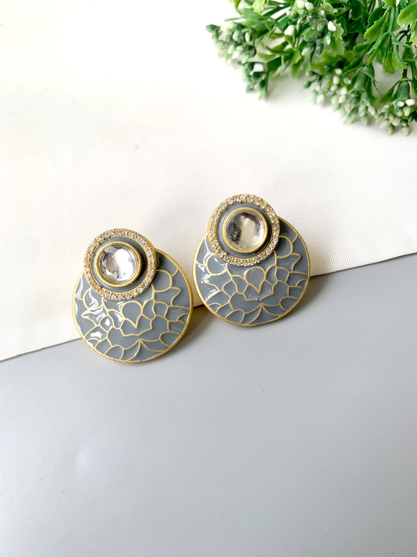 Aurevia Earrings by Zamal Jewels – handcrafted 22kt gold plated earrings with American Diamonds, Polki Kundan, and hand-painted Meena