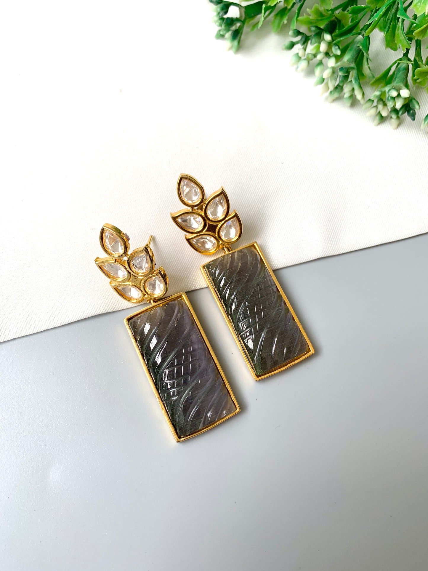 Kaelis Earrings by Zamal Jewels – handcrafted 22kt gold plated earrings with Polki Kundan and hand-carved rectangular onyx drops