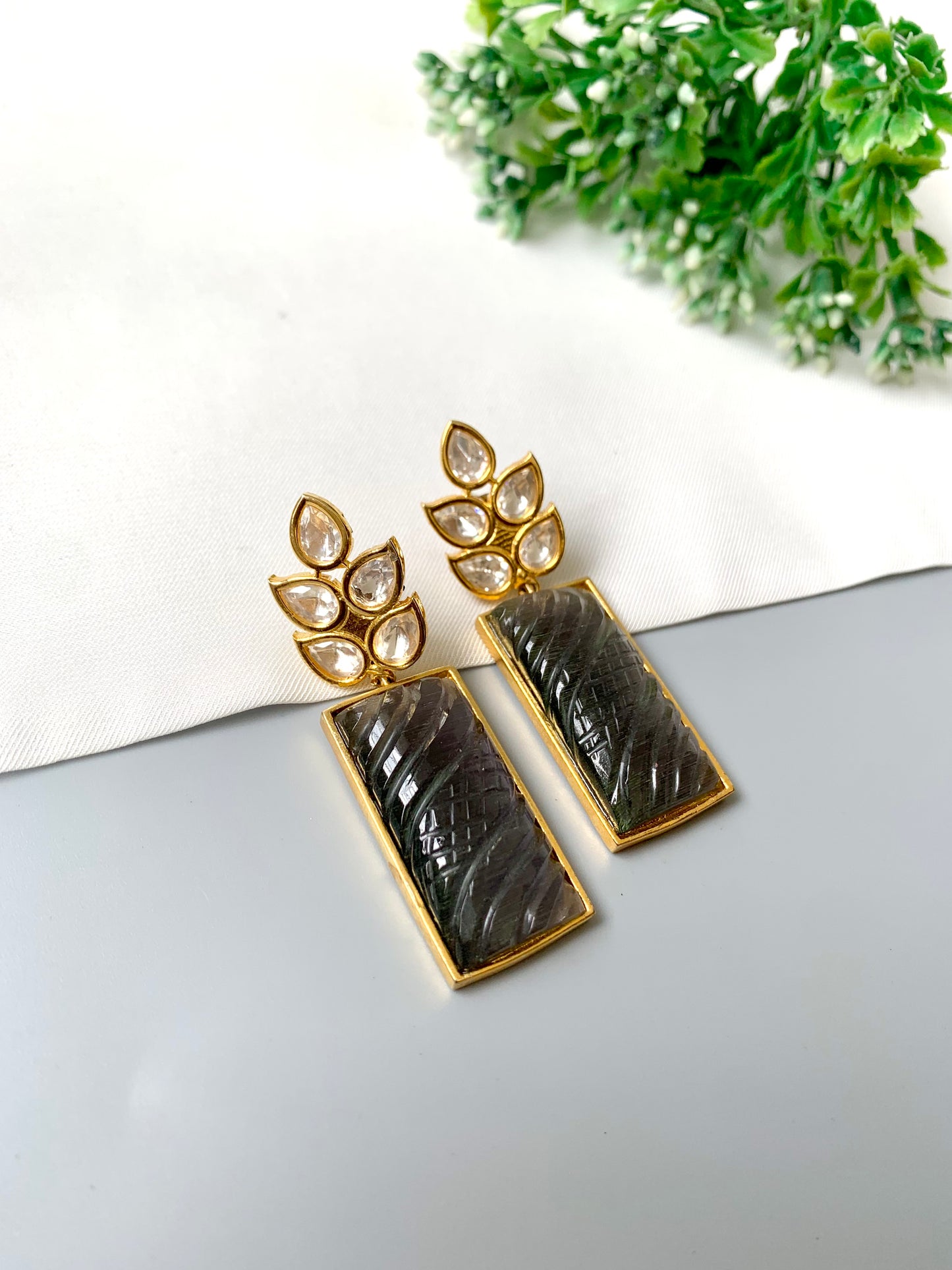 Kaelis Earrings by Zamal Jewels – handcrafted 22kt gold plated earrings with Polki Kundan and hand-carved rectangular onyx drops