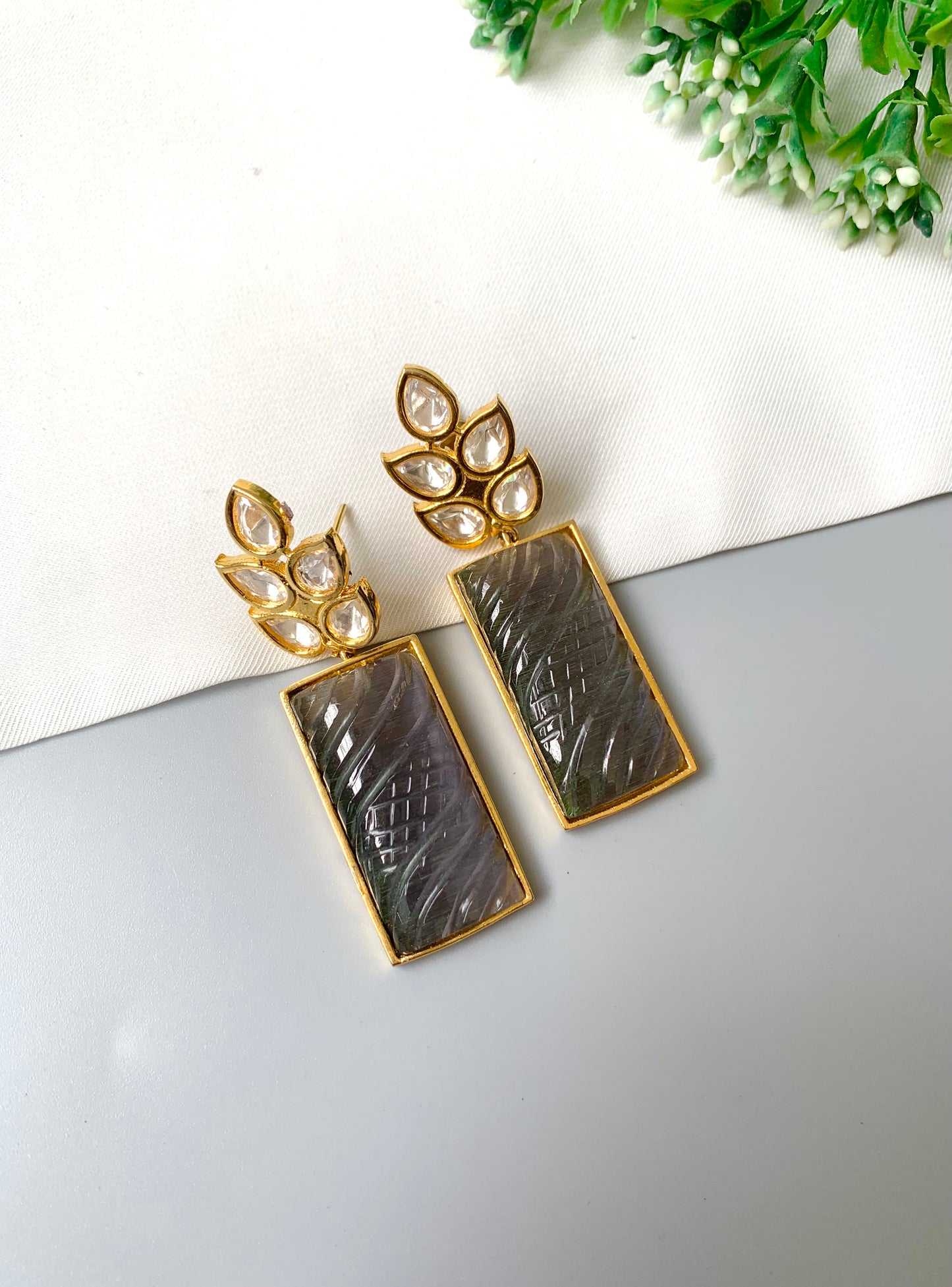 Kaelis Earrings by Zamal Jewels – handcrafted 22kt gold plated earrings with Polki Kundan and hand-carved rectangular onyx drops