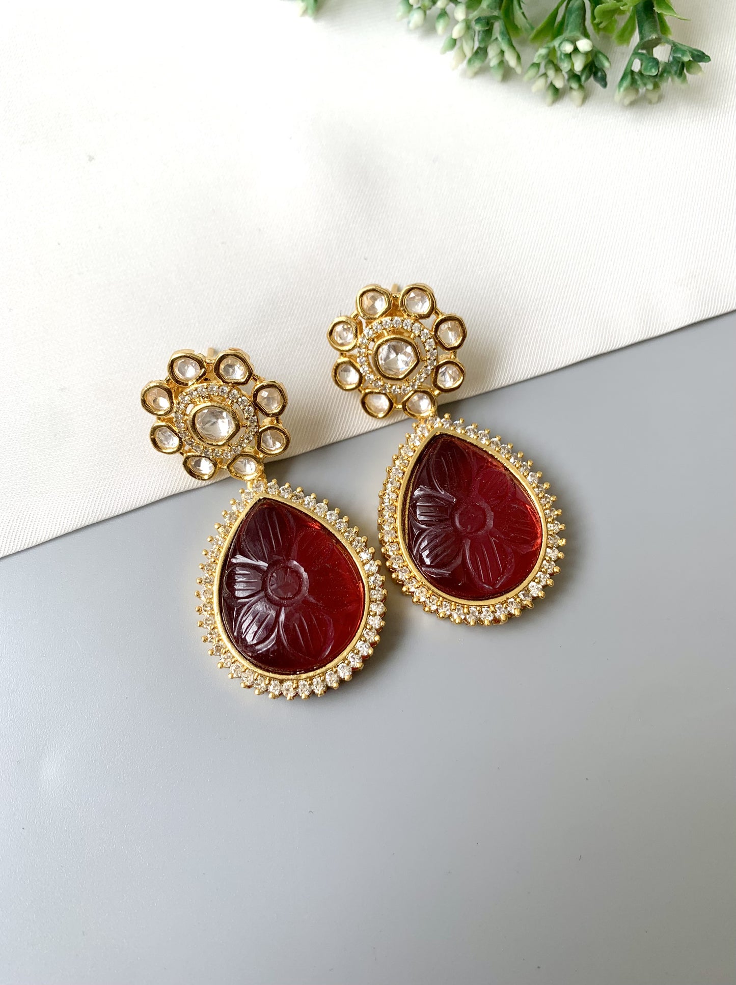 Liora Earrings by Zamal Jewels – handcrafted 22kt gold plated earrings with American Diamonds, Polki Kundan and hand-carved ruby drops