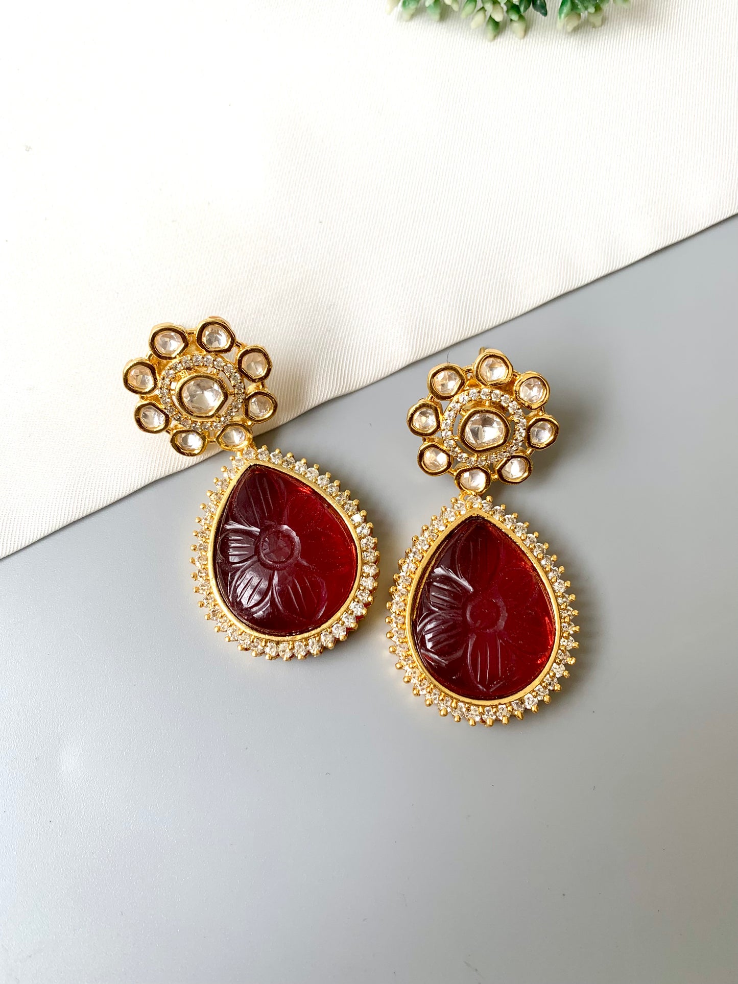 Liora Earrings by Zamal Jewels – handcrafted 22kt gold plated earrings with American Diamonds, Polki Kundan and hand-carved ruby drops