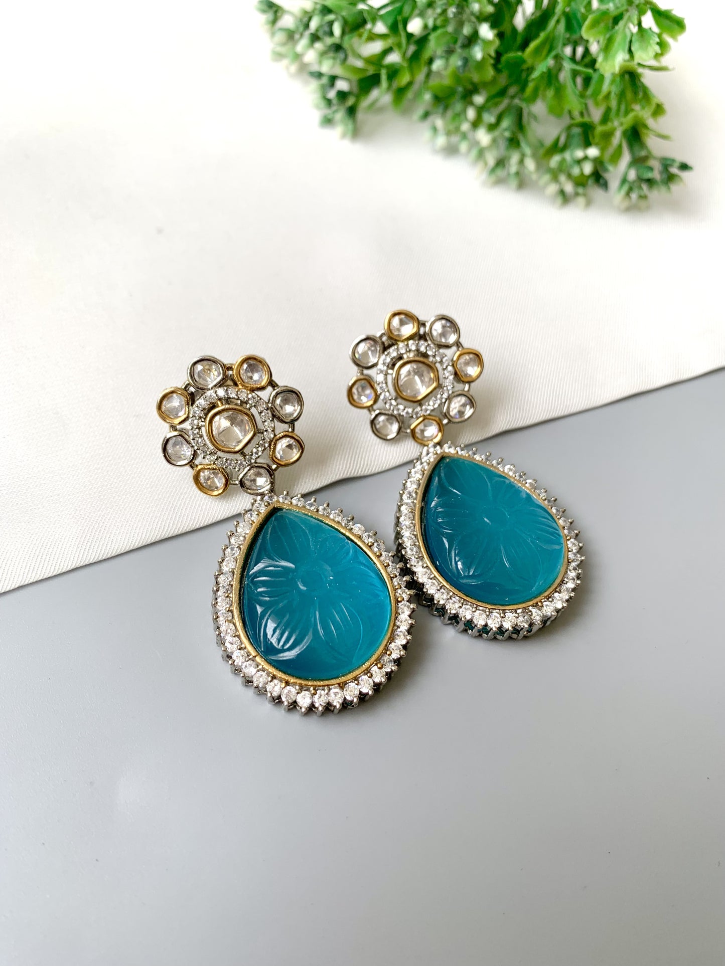 Liora Earrings by Zamal Jewels – handcrafted 22kt gold & rhodium plated earrings with American Diamonds, Polki Kundan and hand-carved Feroza drops