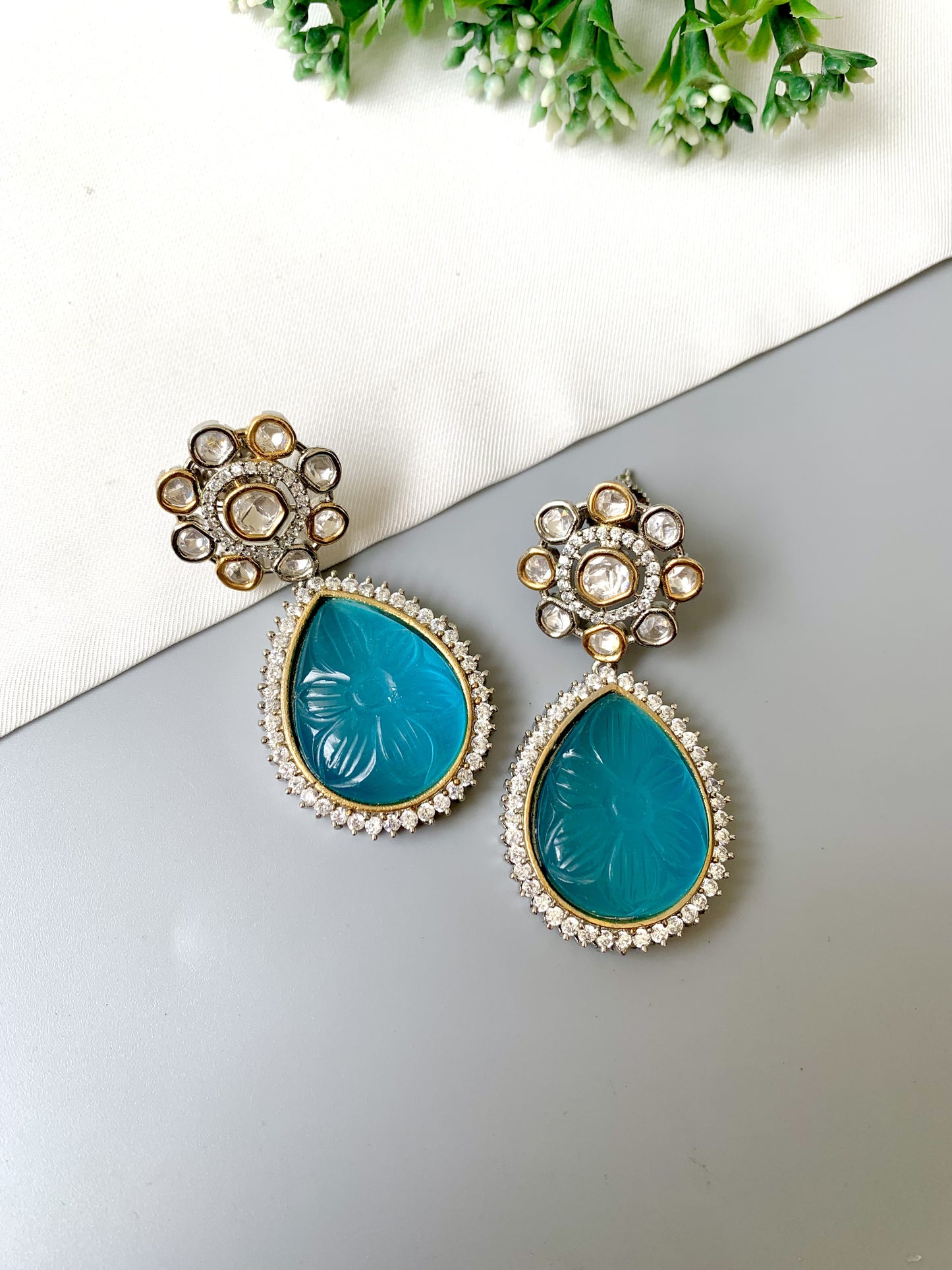 Liora Earrings by Zamal Jewels – handcrafted 22kt gold & rhodium plated earrings with American Diamonds, Polki Kundan and hand-carved Feroza drops