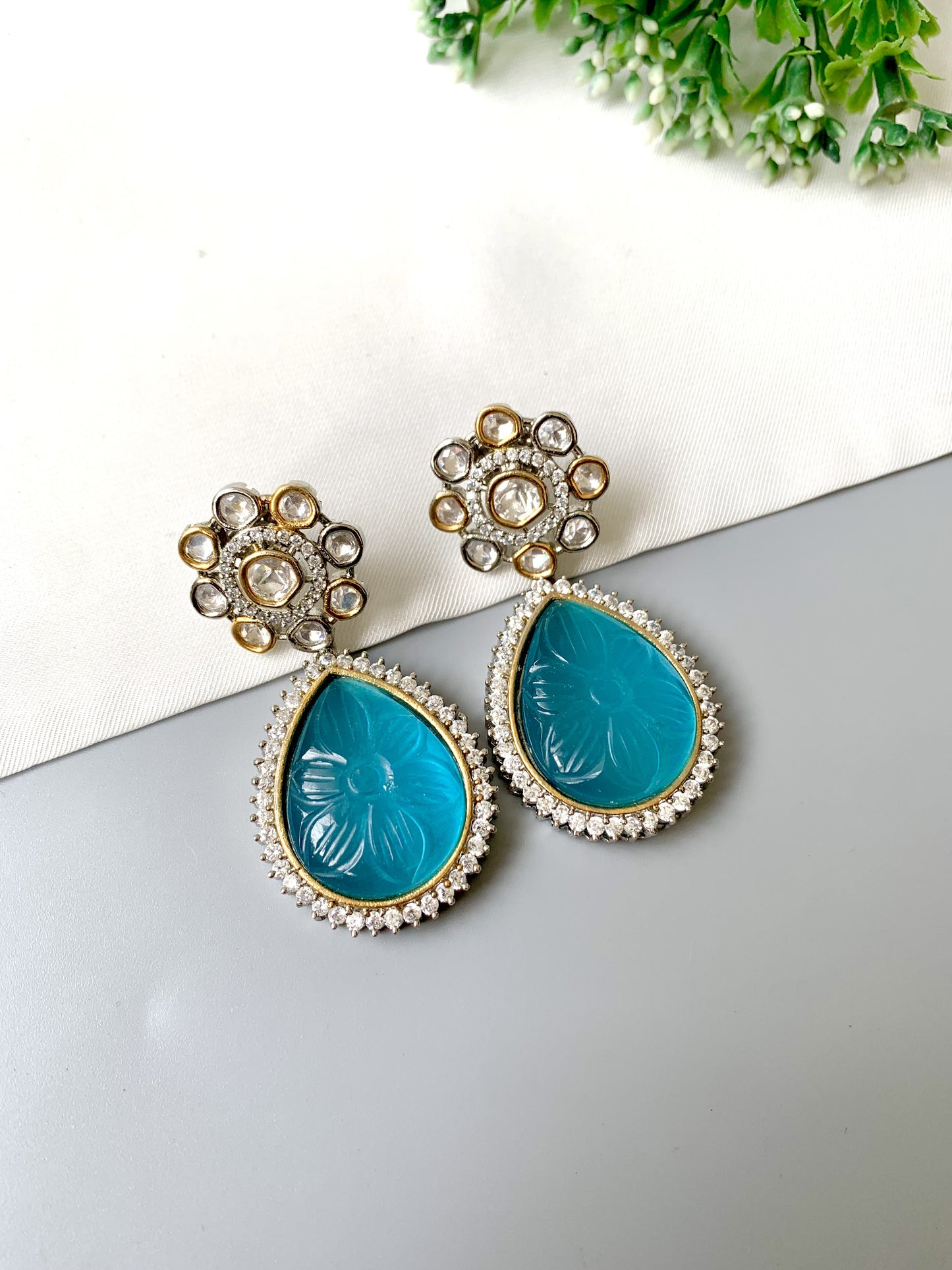 Liora Earrings by Zamal Jewels – handcrafted 22kt gold & rhodium plated earrings with American Diamonds, Polki Kundan and hand-carved Feroza drops