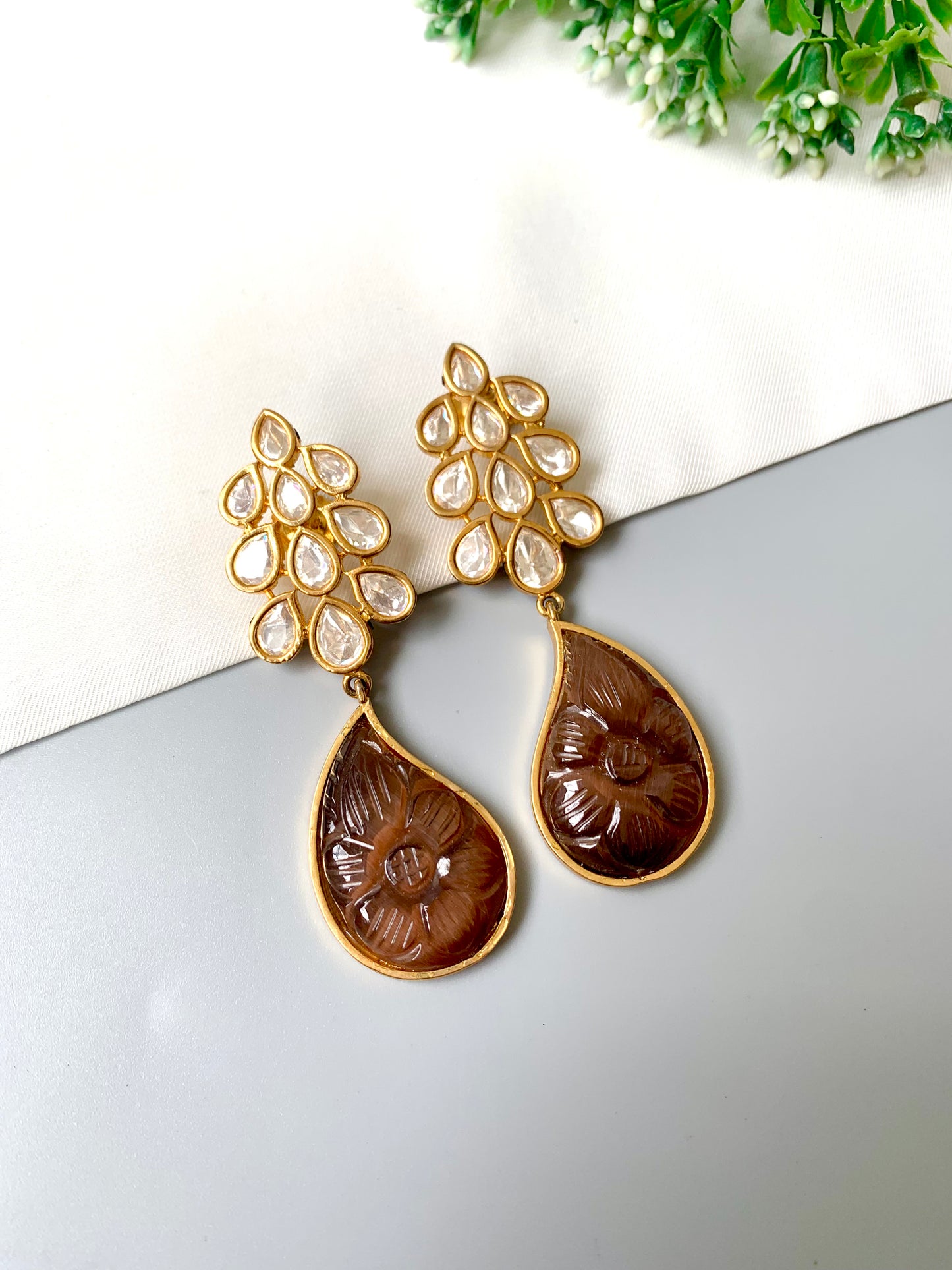 Zyara Earrings by Zamal Jewels – handcrafted 22kt gold plated earrings with Polki Kundan and hand-carved floral onyx drops